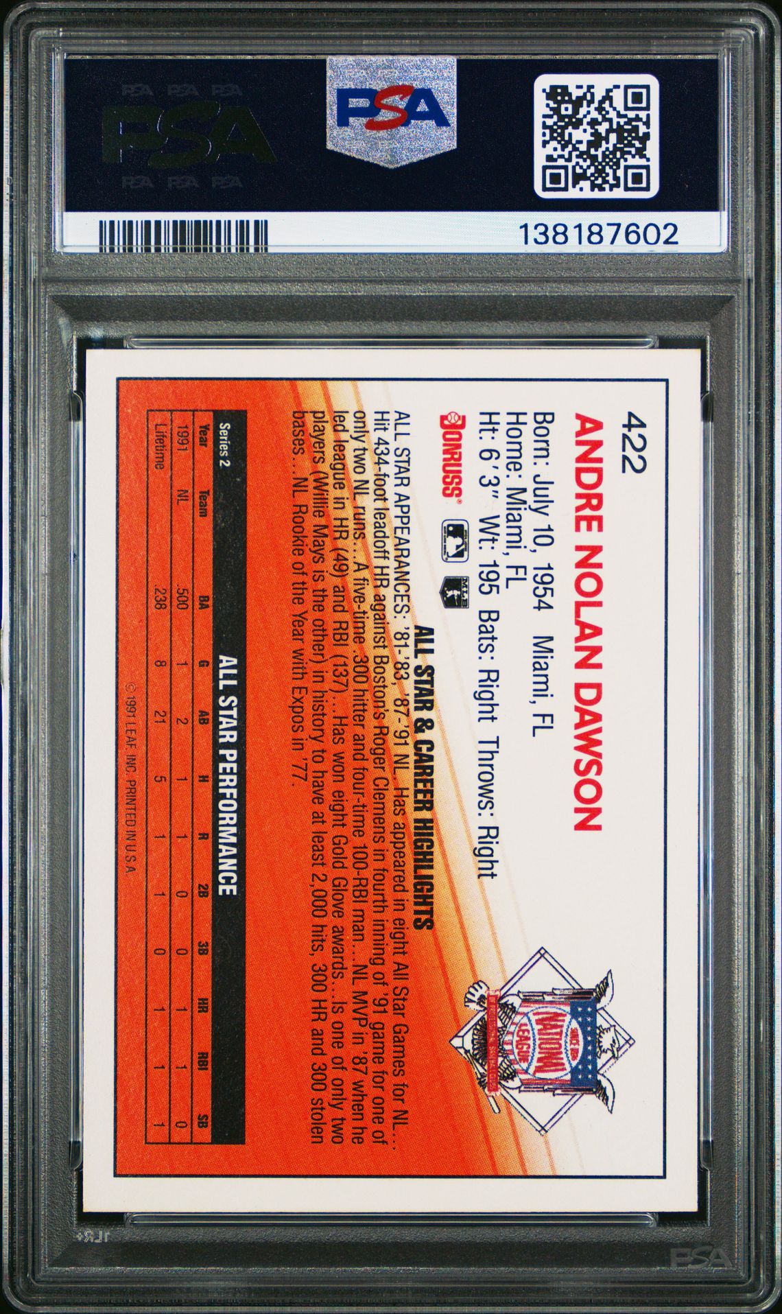 1992 Donruss Andre Dawson #422 Gem Mt 10 back