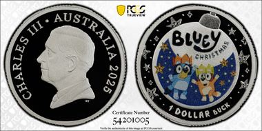 2025 $1 Bluey Christmas Ag Colorized PR70DCAM