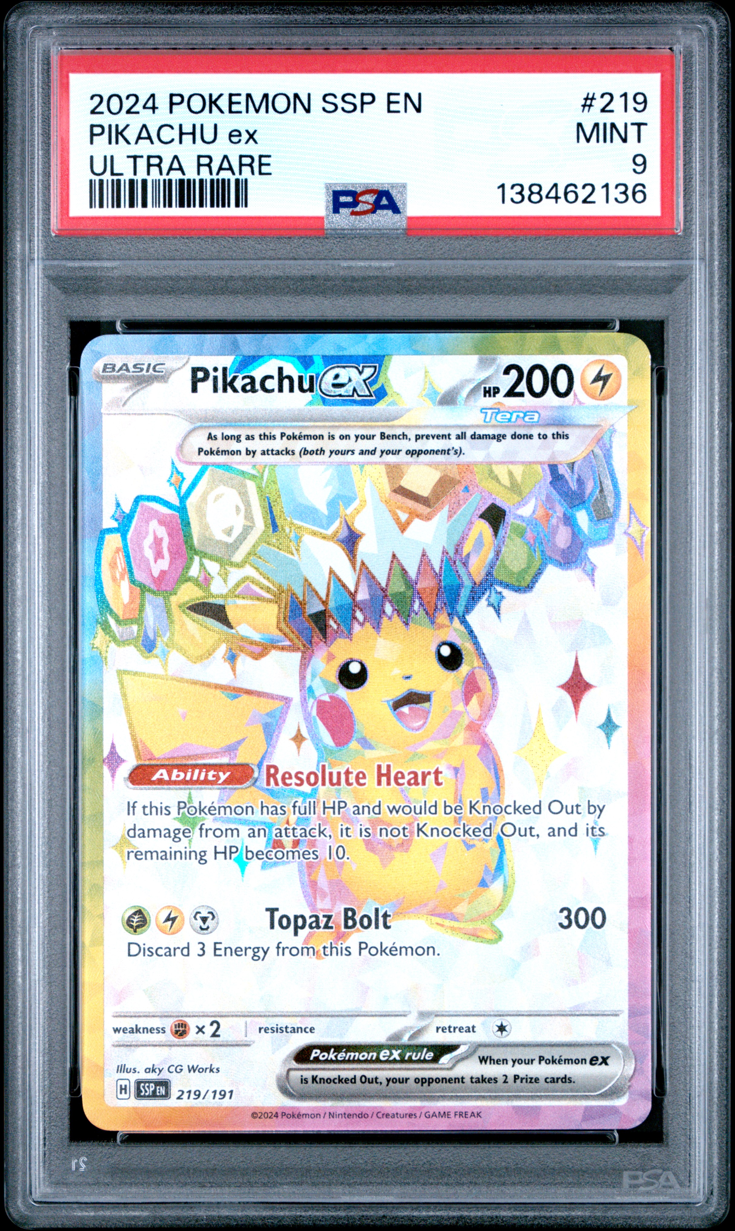 2024 #219 Pikachu EX PSA 9 Ssp EN-Surging Sparks Pokemon