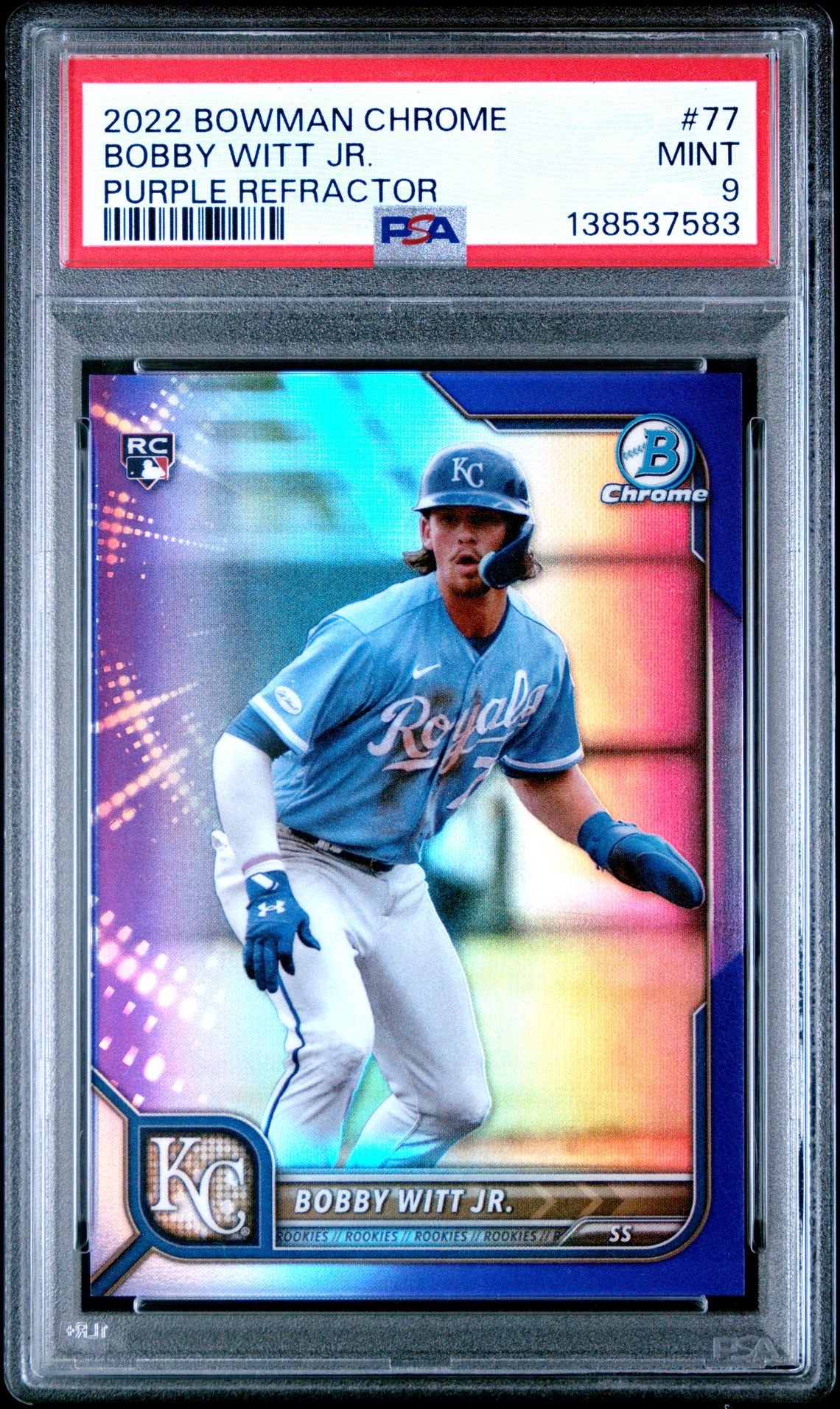 2022 Bowman Chrome Bobby Witt Jr. #77 (Purple Refractor) Mint 9 front