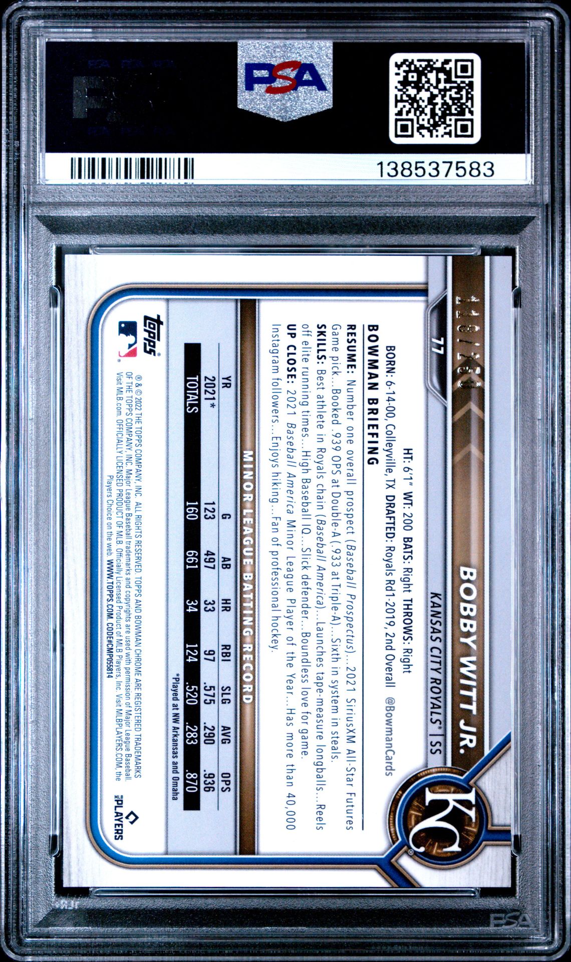 2022 Bowman Chrome Bobby Witt Jr. #77 (Purple Refractor) Mint 9 back