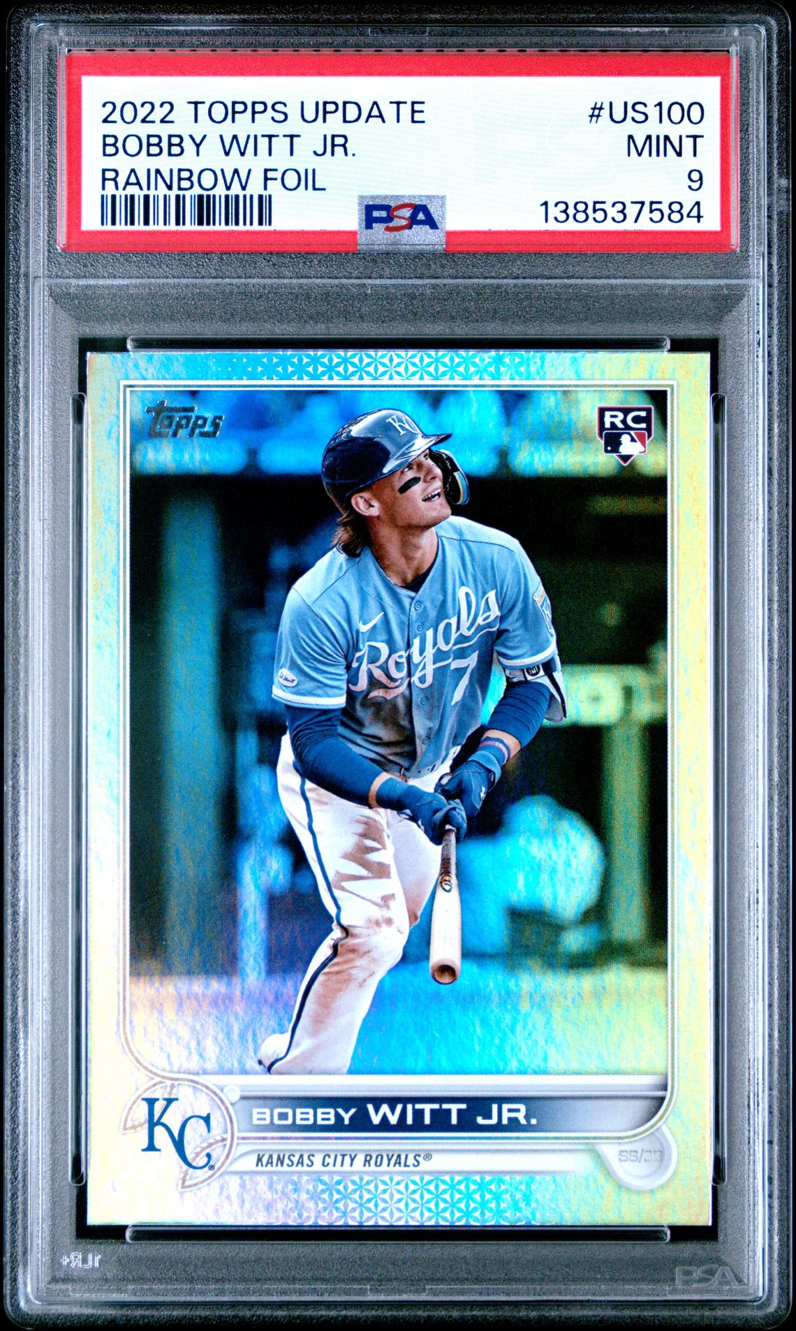 2022 Topps Update Bobby Witt Jr. #Us100 (Rainbow Foil) Mint 9 front