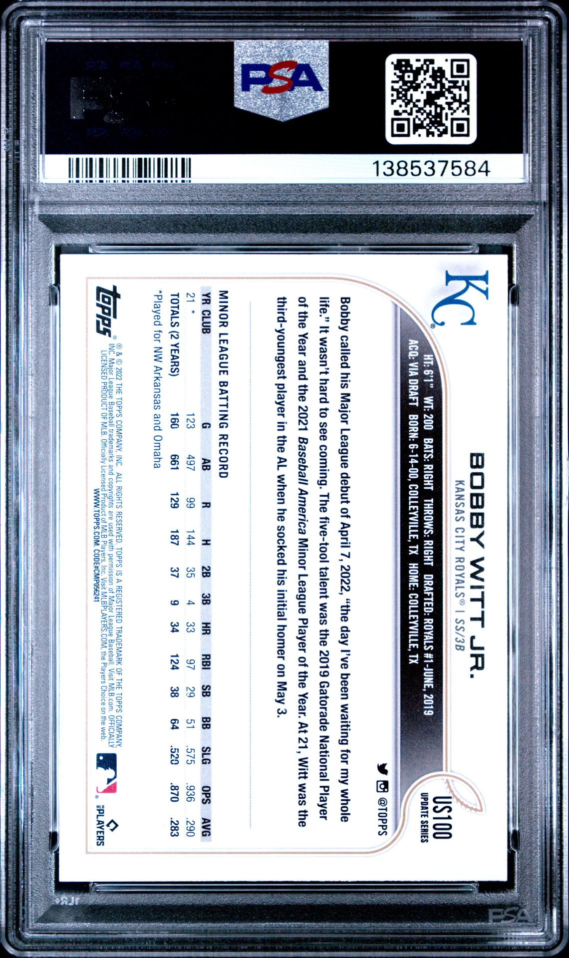 2022 Topps Update Bobby Witt Jr. #Us100 (Rainbow Foil) Mint 9 back