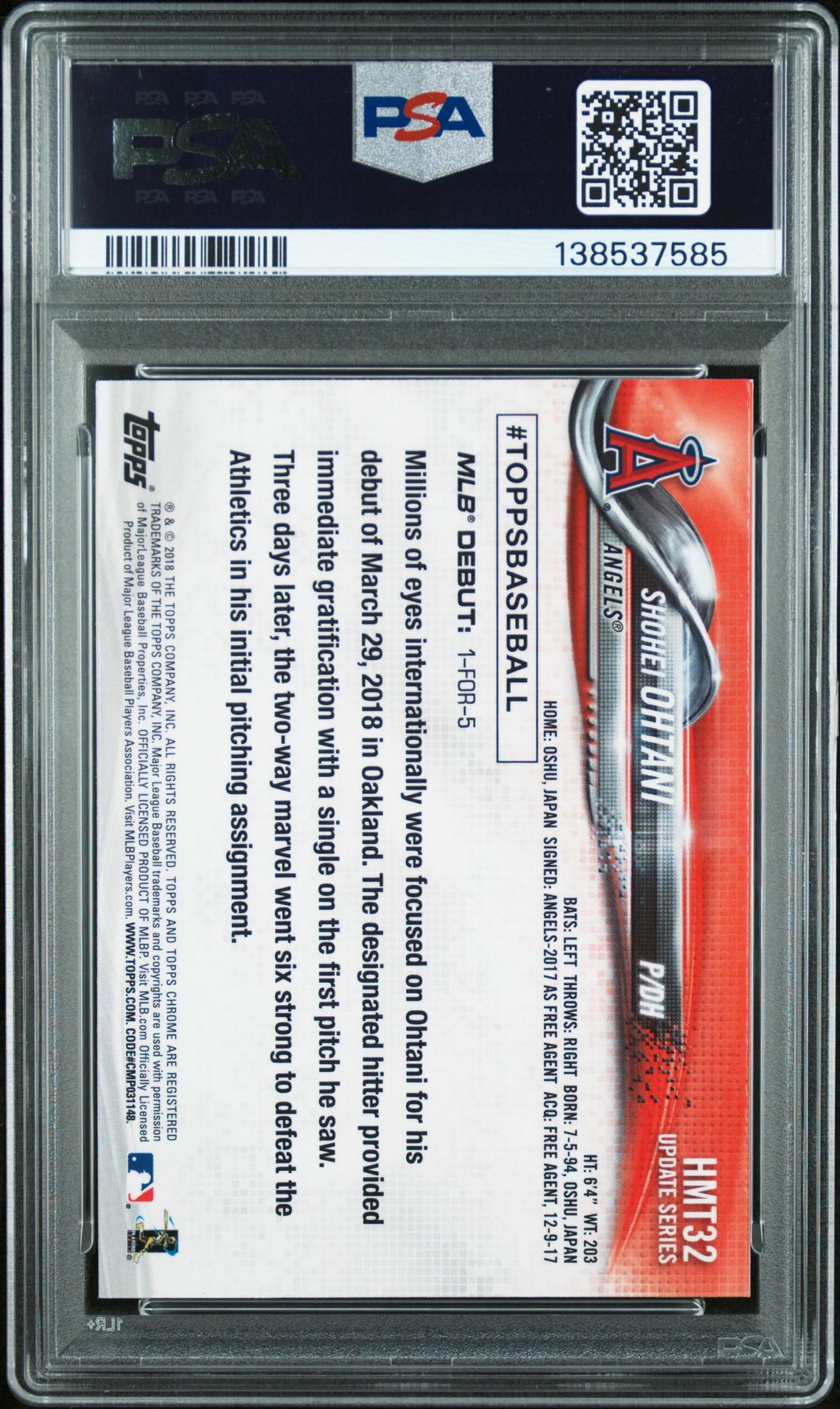 2018 Topps Chrome Update Shohei Ohtani #Hmt32 (Update) Mint 9 back