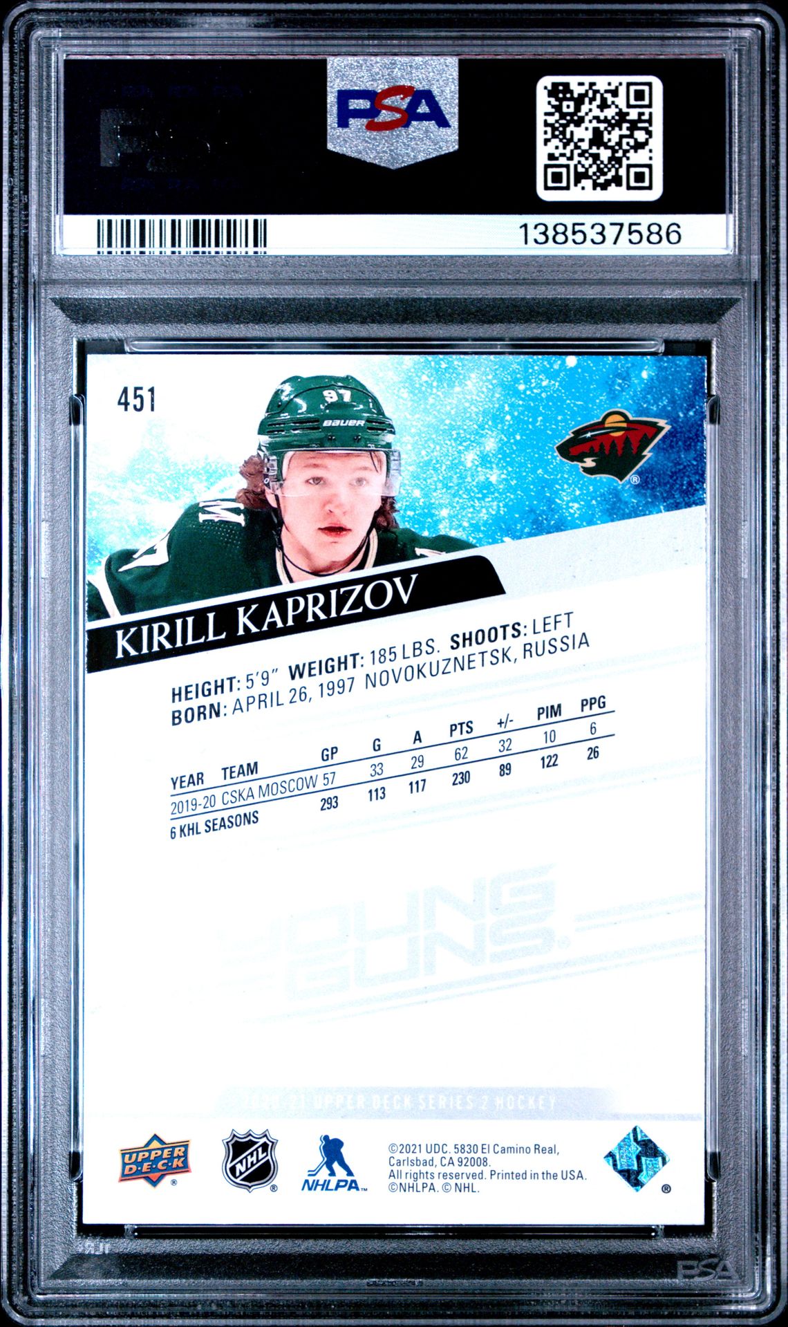 2020 Upper Deck Kirill Kaprizov #451 Mint 9 back