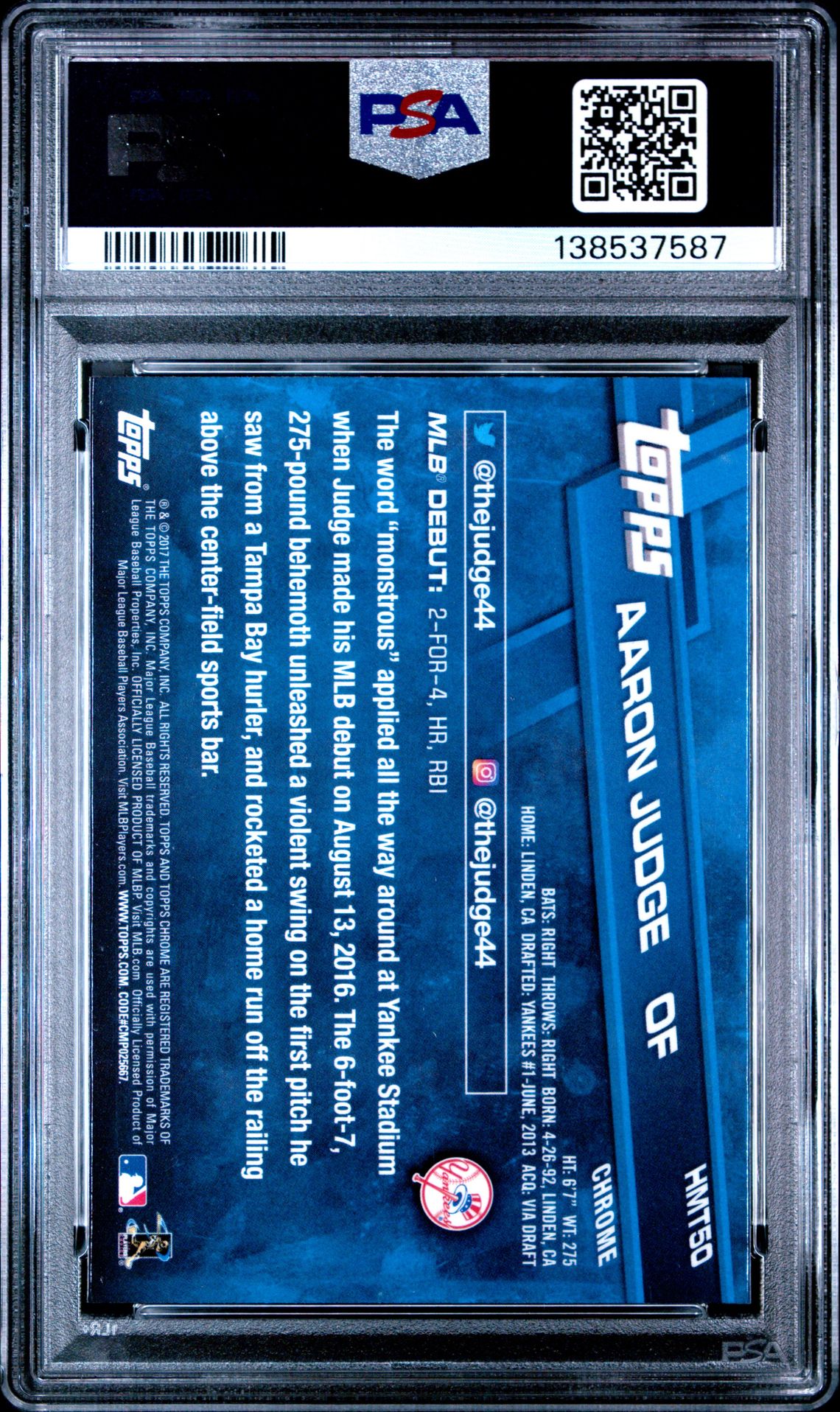 2017 Topps Chrome Update Aaron Judge #Hmt50 (Update) Gem Mt 10 back