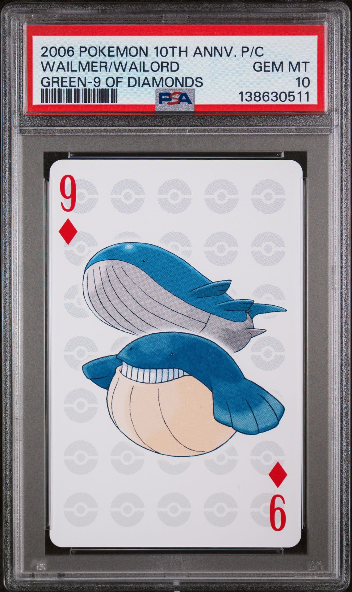 2006 Pokemon POKEMON CENTER 10TH ANNIVERSARY PLAYING CARDS GREEN DECK 9 OF DIAMONDS Wailmer/Wailord front