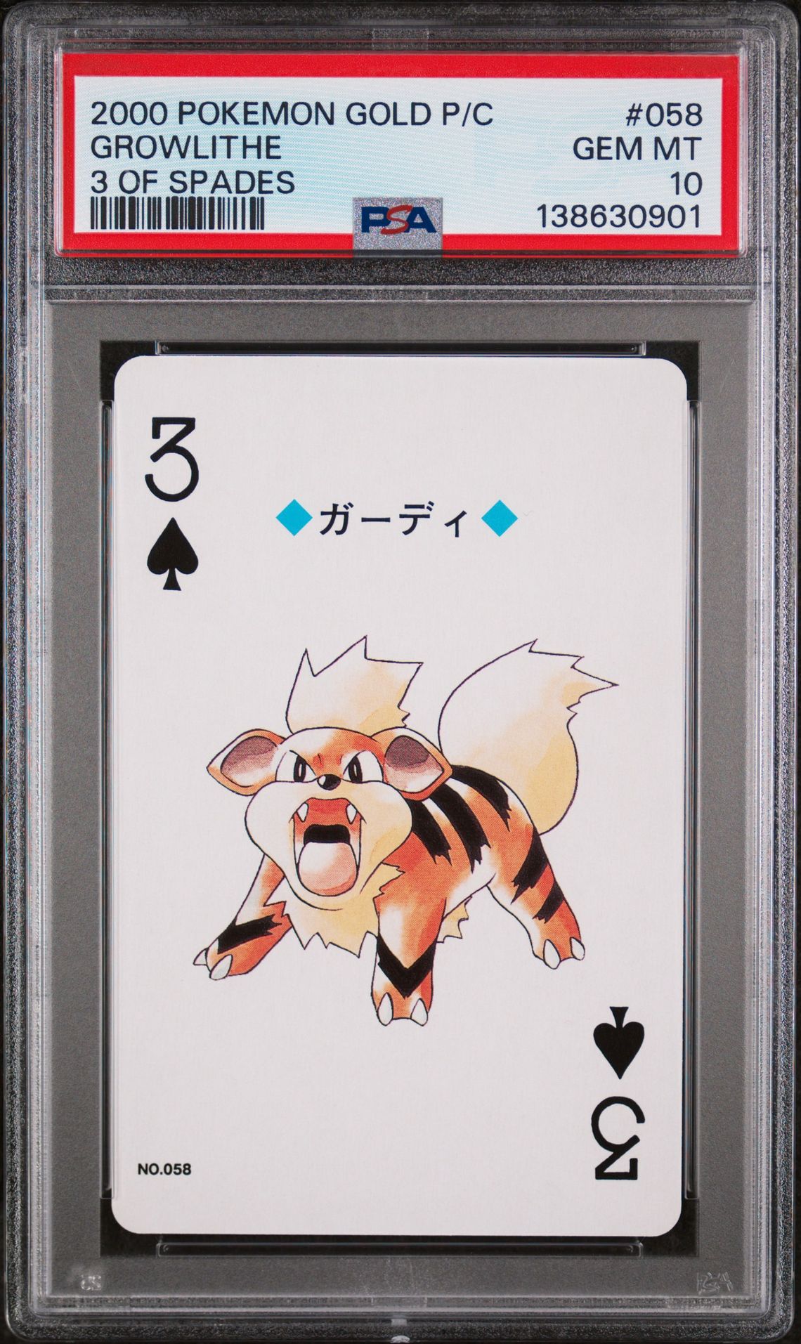 2000 Pokemon POKEMON GOLD VERSION PLAYING CARDS 3 OF SPADES #058 Growlithe front