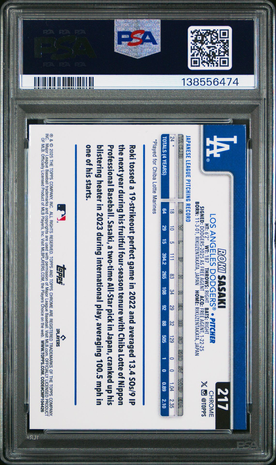 2025 Topps Chrome Roki Sasaki #217 (X-Fractor) Mint 9 back