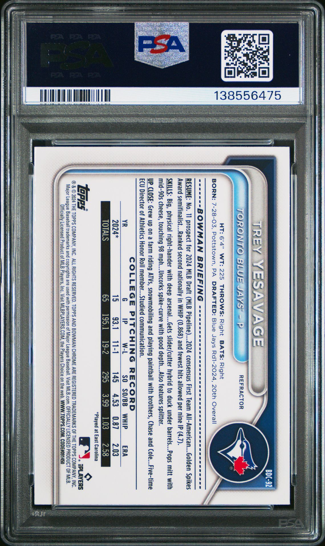 2024 Bowman Draft Trey Yesavage #Bdc92 (Chrome-Refractor) Mint 9 back