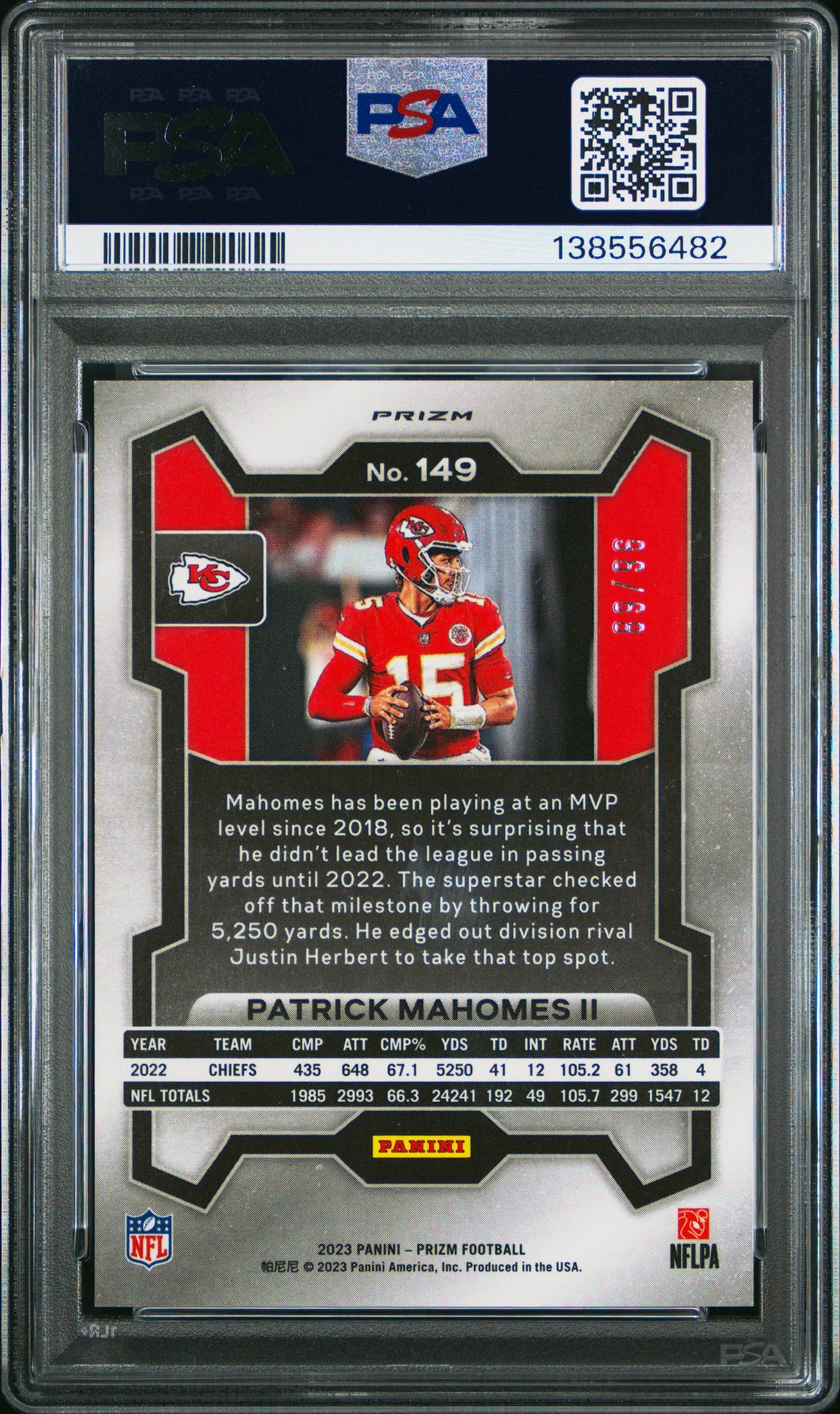 2023 Panini Prizm Patrick Mahomes Ii #149 (Blue Sparkle) Gem Mt 10 back