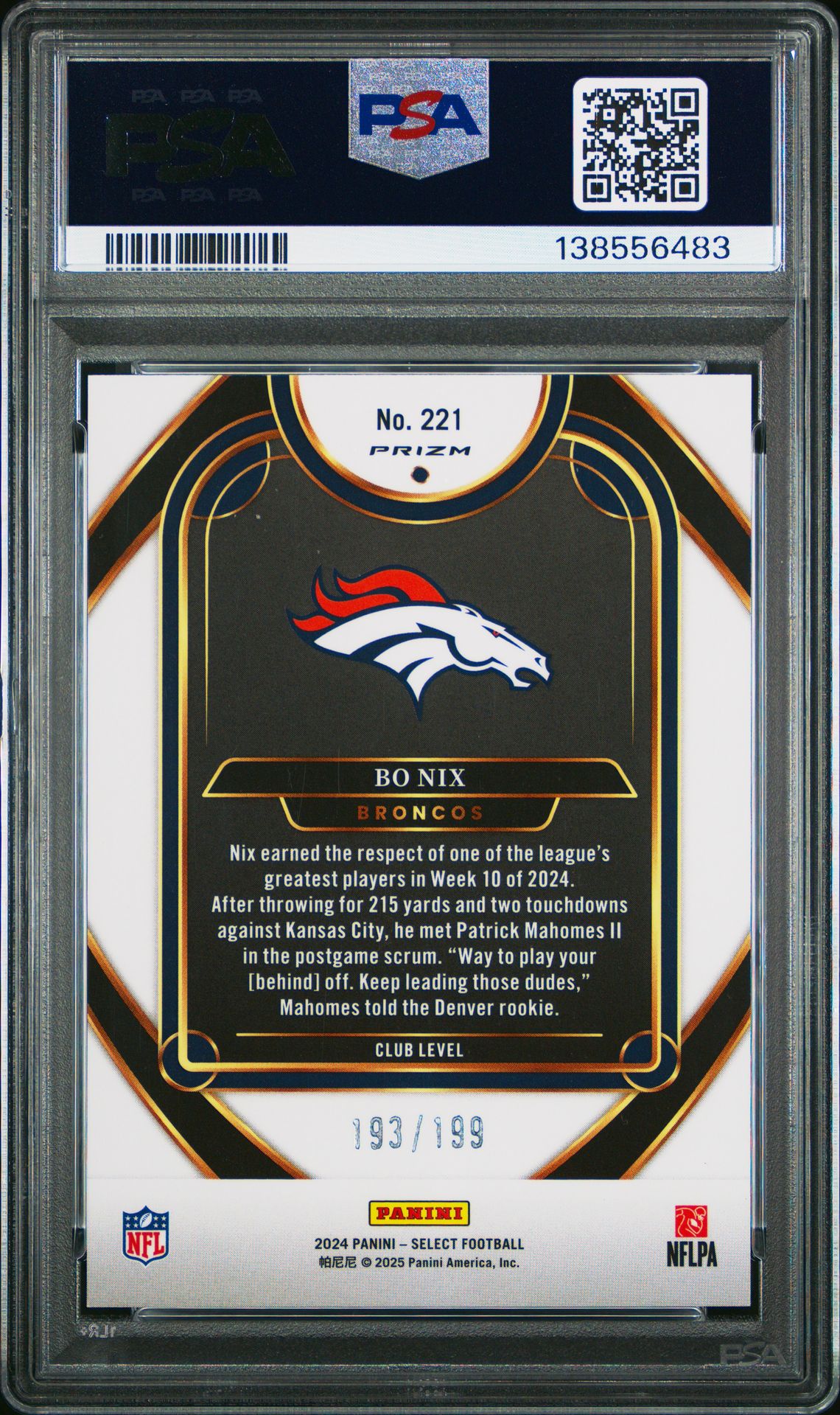 2024 Panini Select Bo Nix #221 (White Shock) Gem Mt 10 back