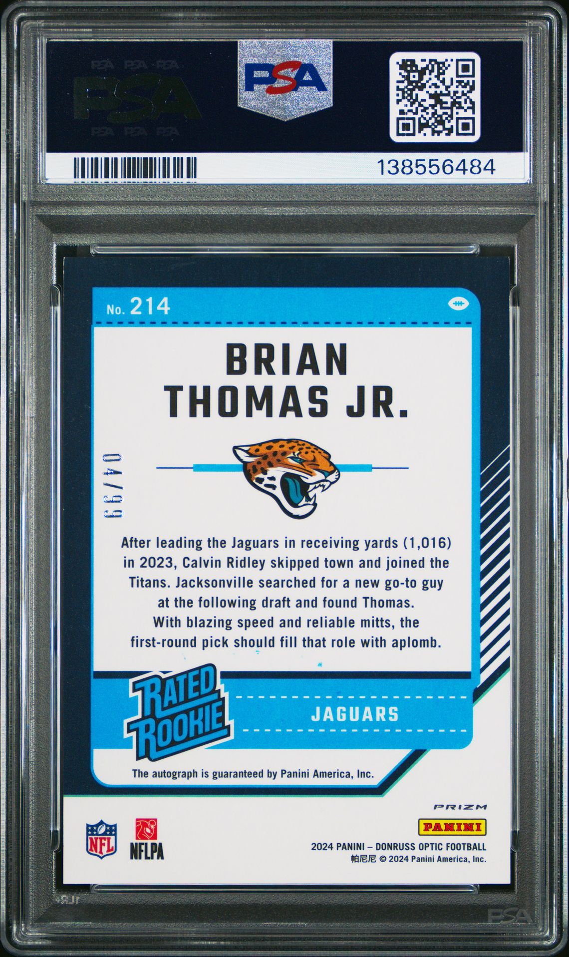 2024 Panini Donruss Optic Brian Thomas Jr. #214 (Autograph-Blue) Gem Mt 10 back