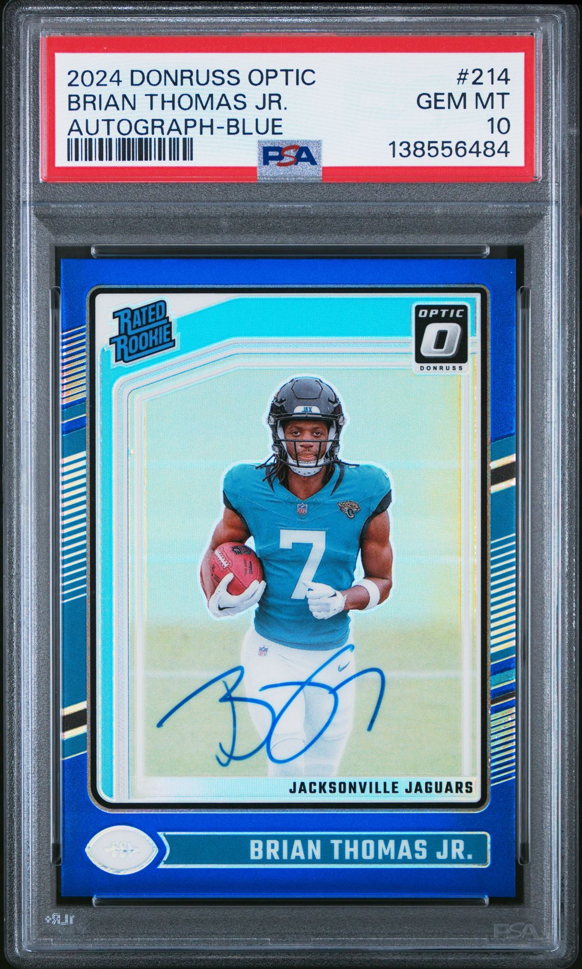 2024 Panini Donruss Optic Brian Thomas Jr. #214 (Autograph-Blue) Gem Mt 10 front