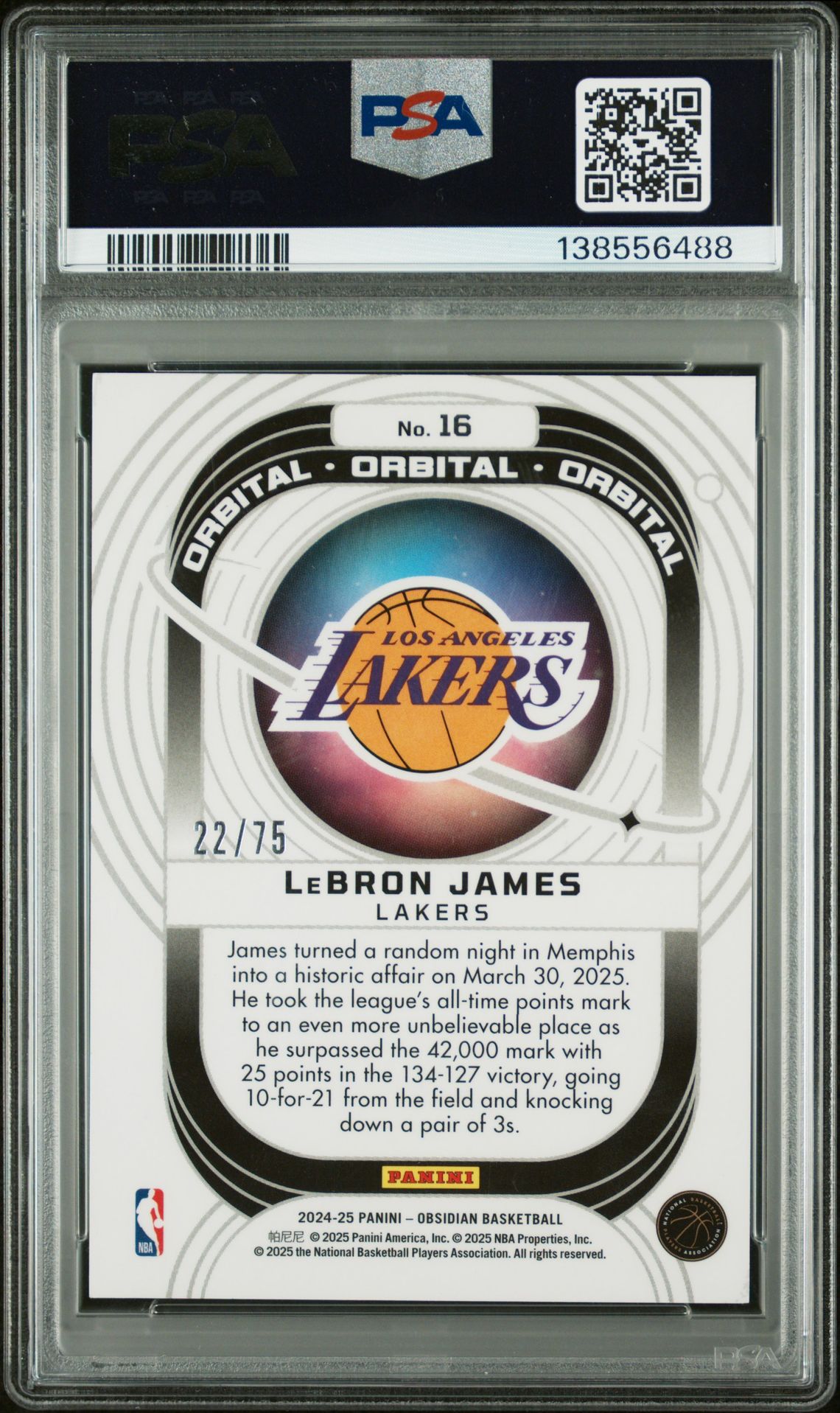 2024 Panini Obsidian Orbital Lebron James #16 (Orbital-Ee Purple Flood) Gem Mt 10 back