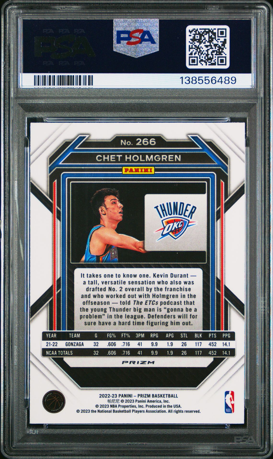 2022 Panini Prizm Chet Holmgren #266 (Red Sparkle) Mint 9 back