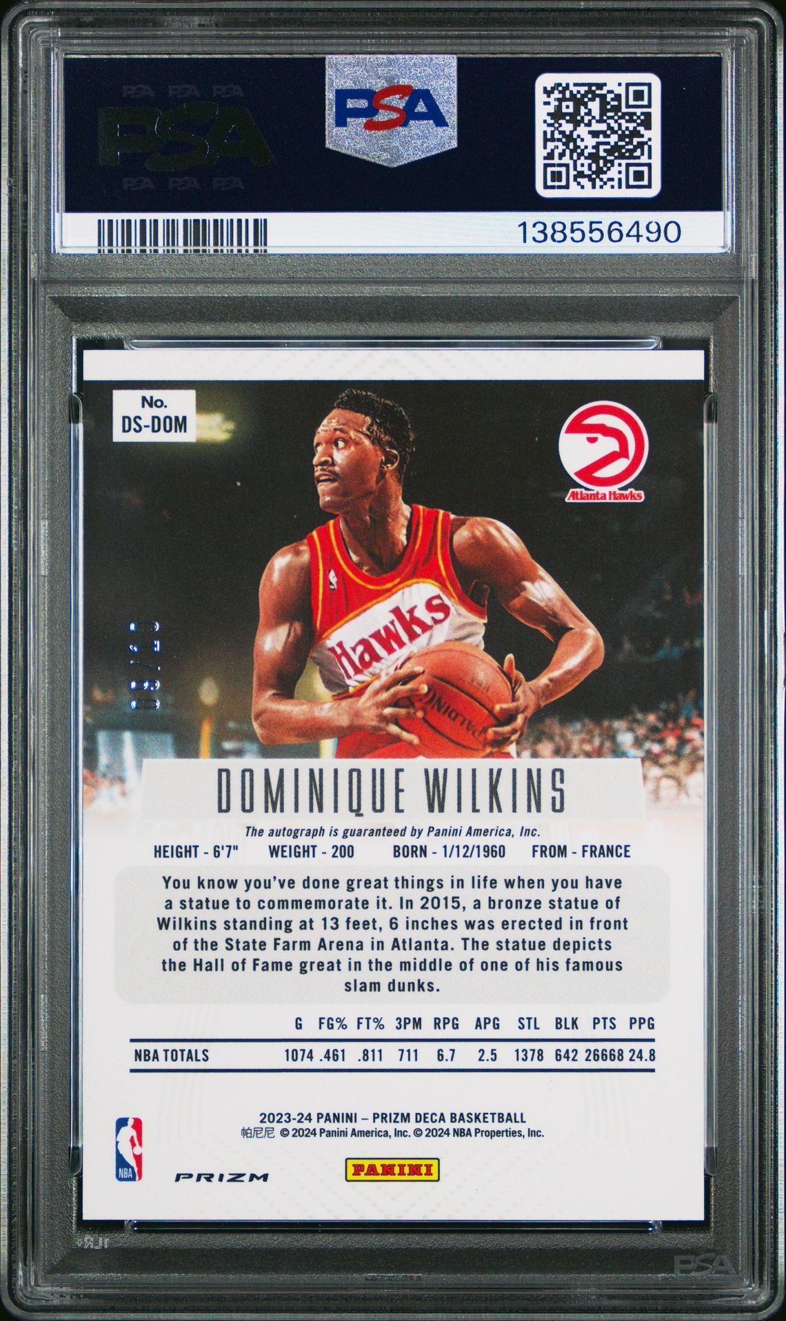 2023 Panini Prizm Deca Signatures Dominique Wilkins #Dsdom (Signature-Gold Prizm) Gem Mt 10 back