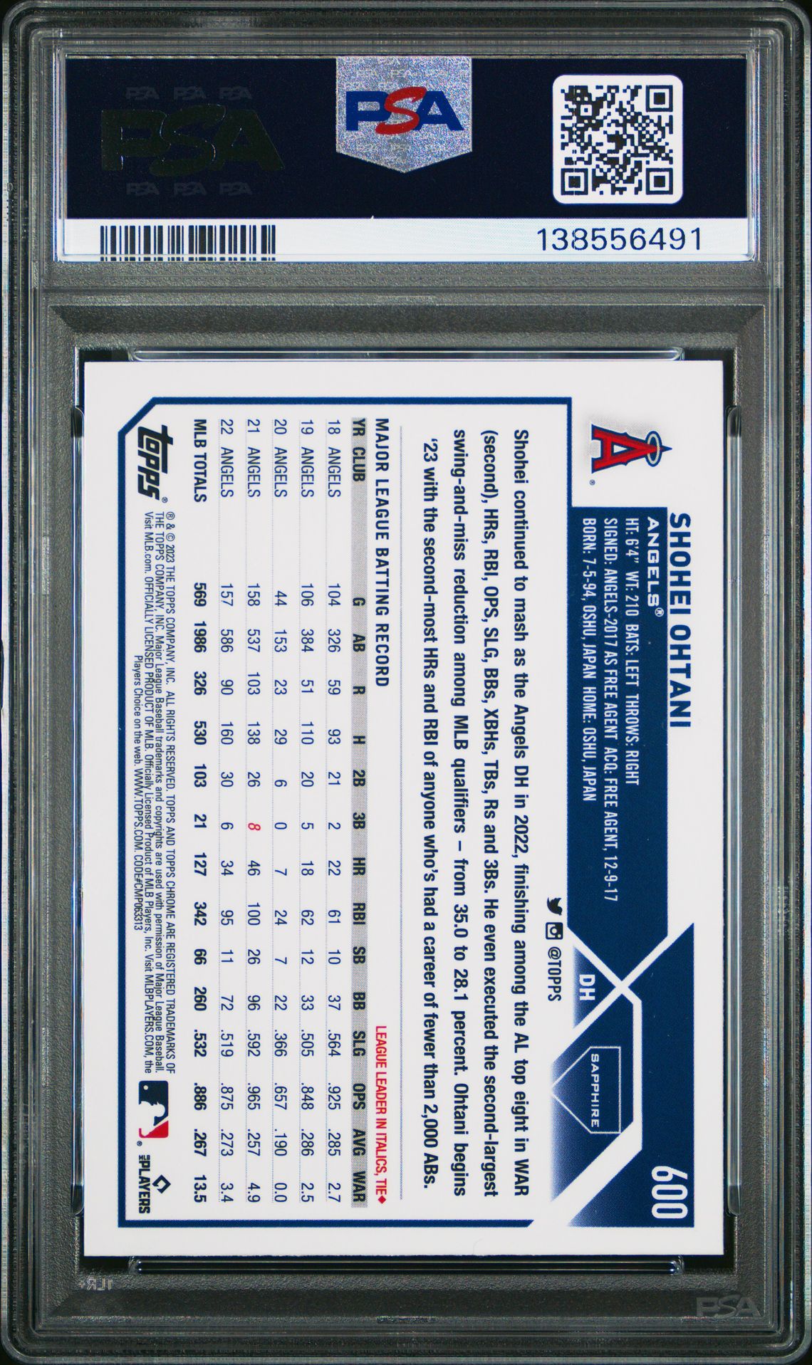 2023 Topps Chrome Sapphire Shohei Ohtani #600 Mint 9 back