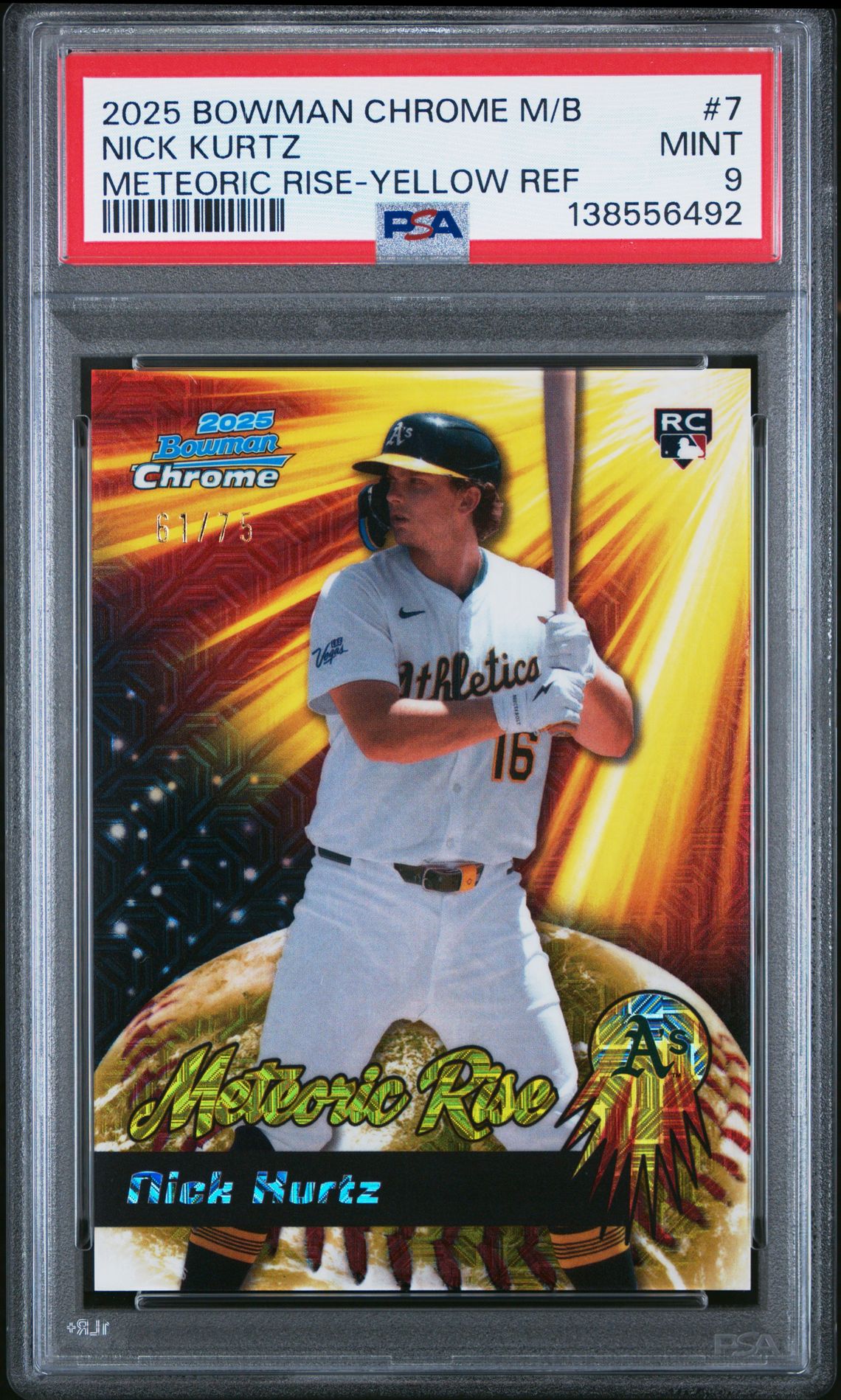 2025 Bowman Chrome Mega Box Meteoric Rise Nick Kurtz #7 (Meteoric Rise-Yellow Ref) Mint 9 front