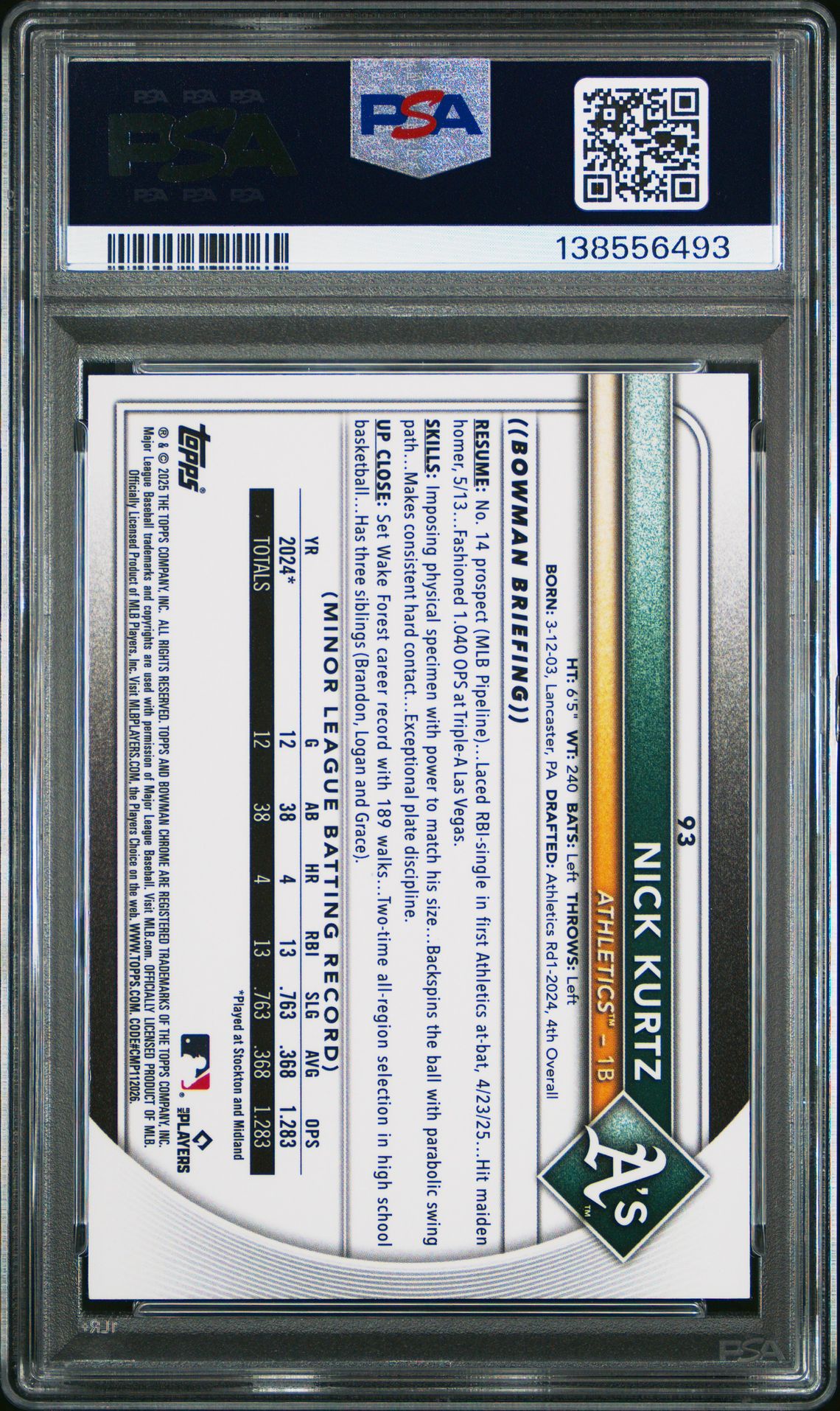 2025 Bowman Chrome Sapphire Edition Nick Kurtz #93 Gem Mt 10 back