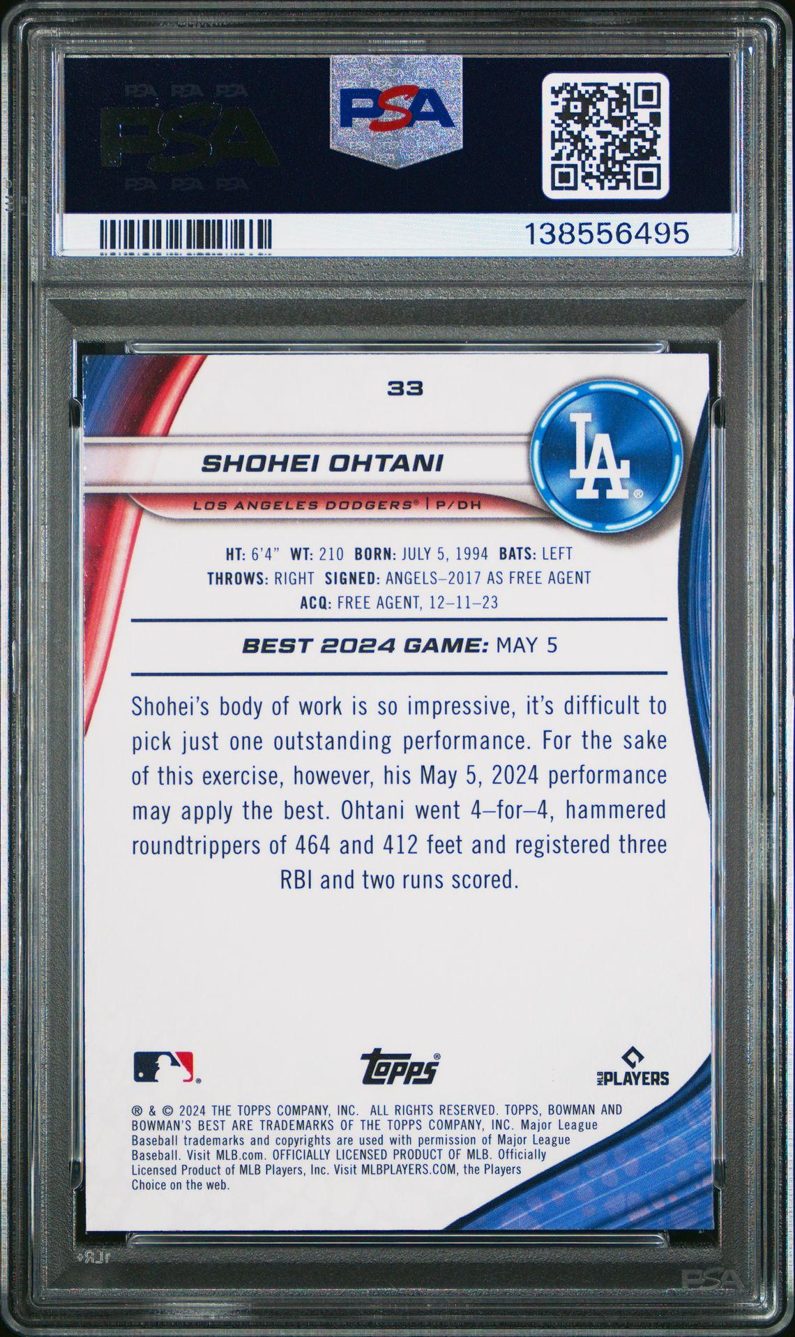 2024 Bowman's Best Shohei Ohtani #33 (Aqua Lava) Mint 9 back