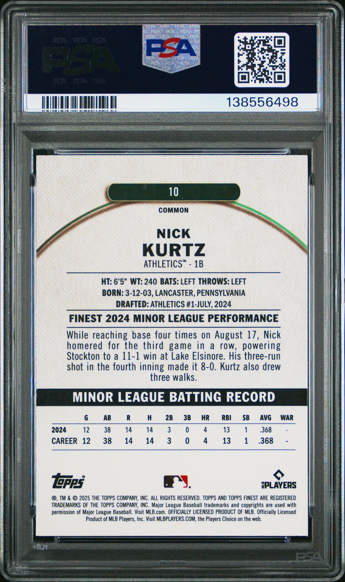 2025 Topps Finest Nick Kurtz #10 (Purple Refractor) Gem Mt 10 back