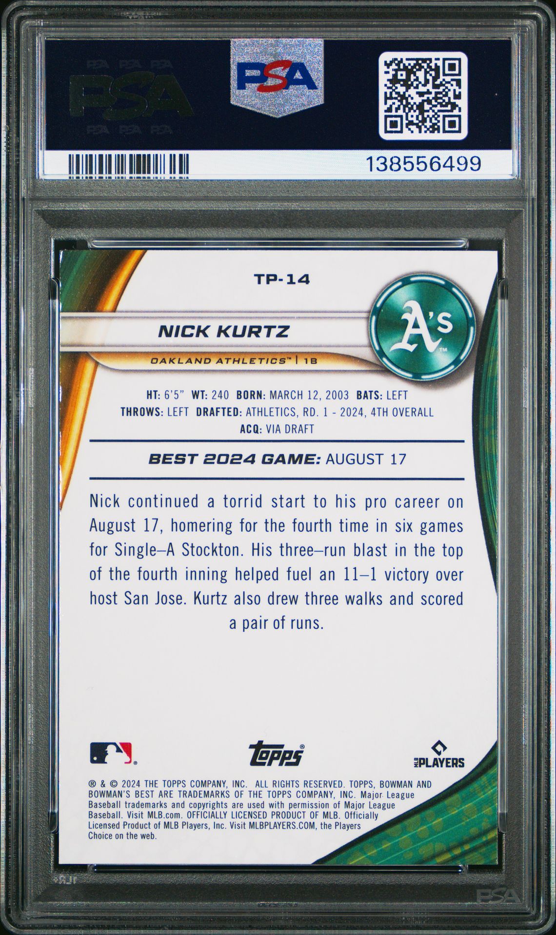 2024 Bowman's Best Top Prospects Nick Kurtz #Tp14 (Top Prospects-Purple Mojo) Gem Mt 10 back