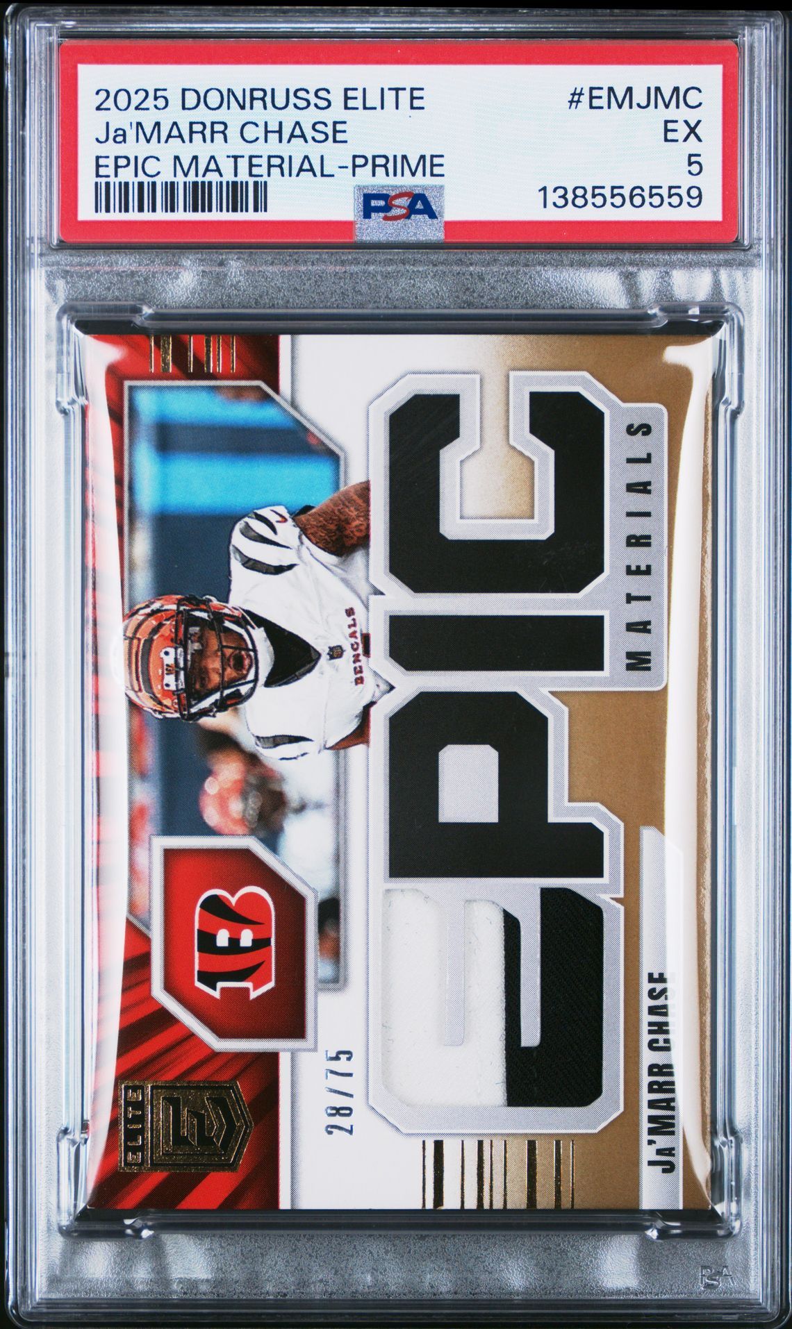2025 Panini Donruss Elite Epic Materials Ja'marr Chase #Emjmc (Epic Material-Prime) Ex 5 front