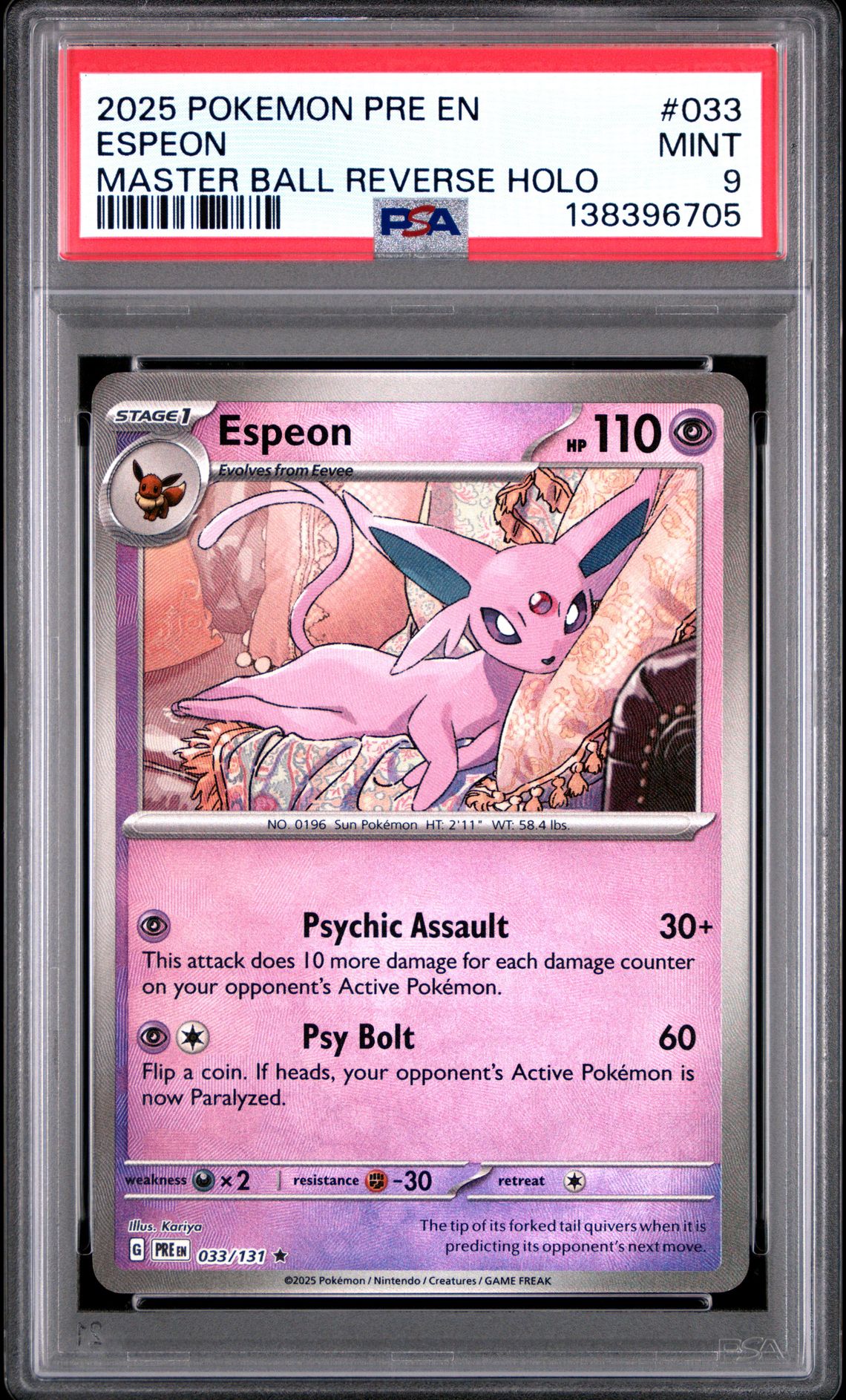 2025 Pokemon Pre En-Prismatic Evolutions Espeon #033 (Master Ball Reverse Holo) Mint 9 front