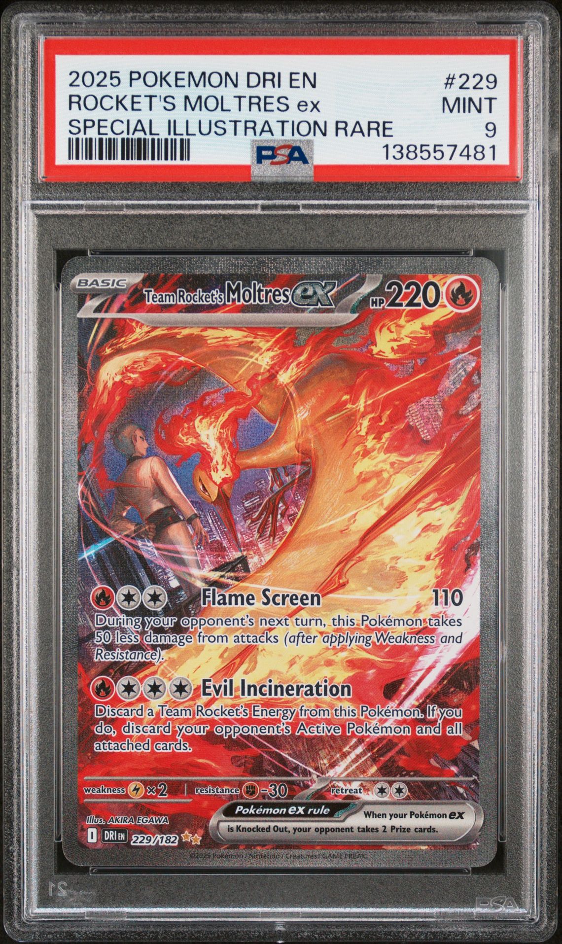 2025 Pokemon Dri En-Destined Rivals Rocket's Moltres Ex #229 (Special Illustration Rare) Mint 9 front