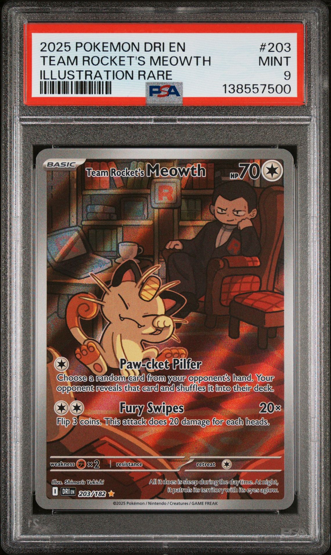 2025 Pokemon Dri En-Destined Rivals Team Rocket's Meowth #203 (Illustration Rare) Mint 9 front