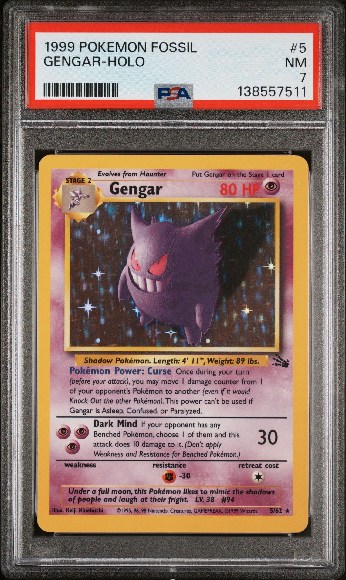 1999 Pokemon Fossil Gengar-Holo #5 Nm 7 front