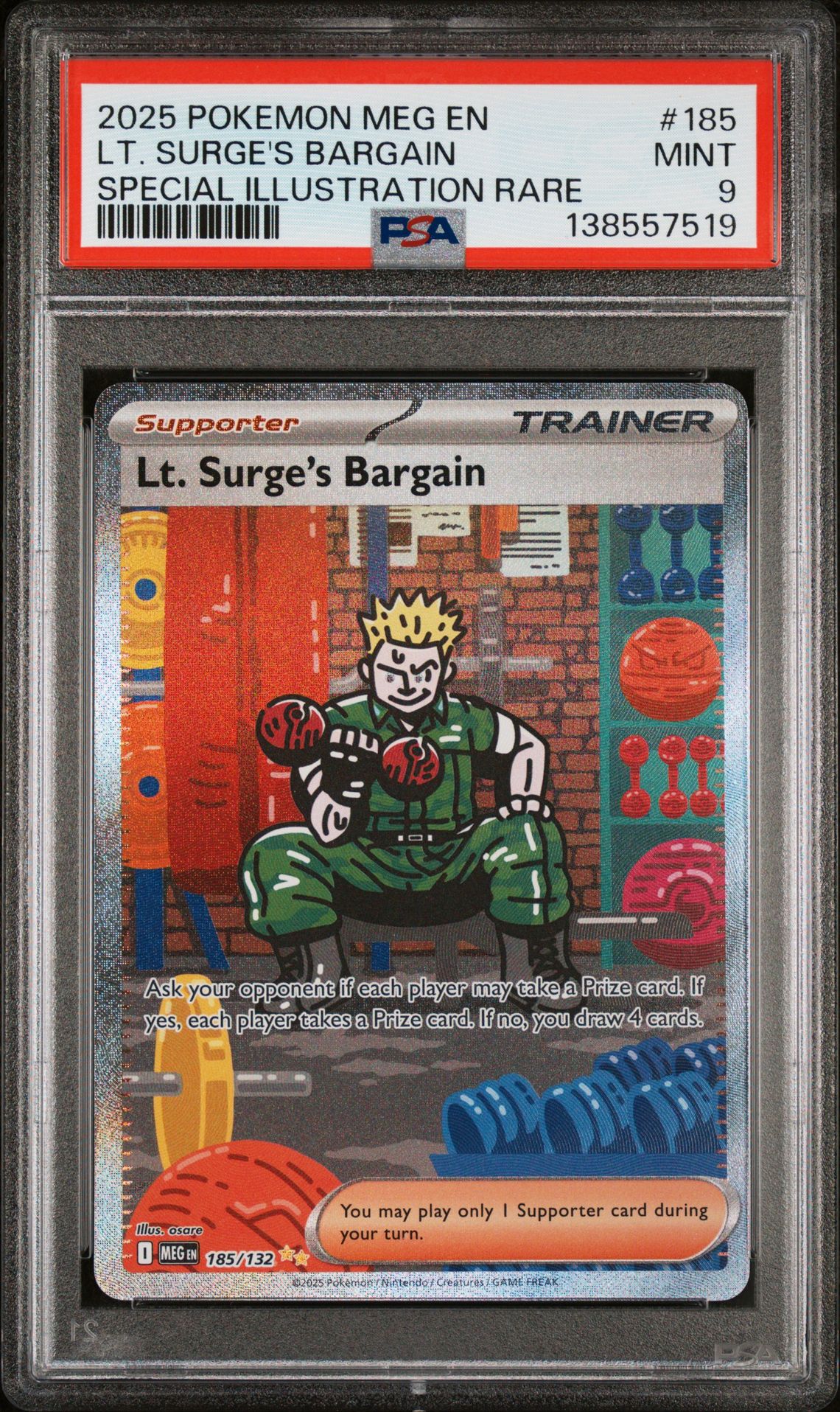 2025 Pokemon Meg En-Mega Evolution Lt. Surge's Bargain #185 (Special Illustration Rare) Mint 9 front