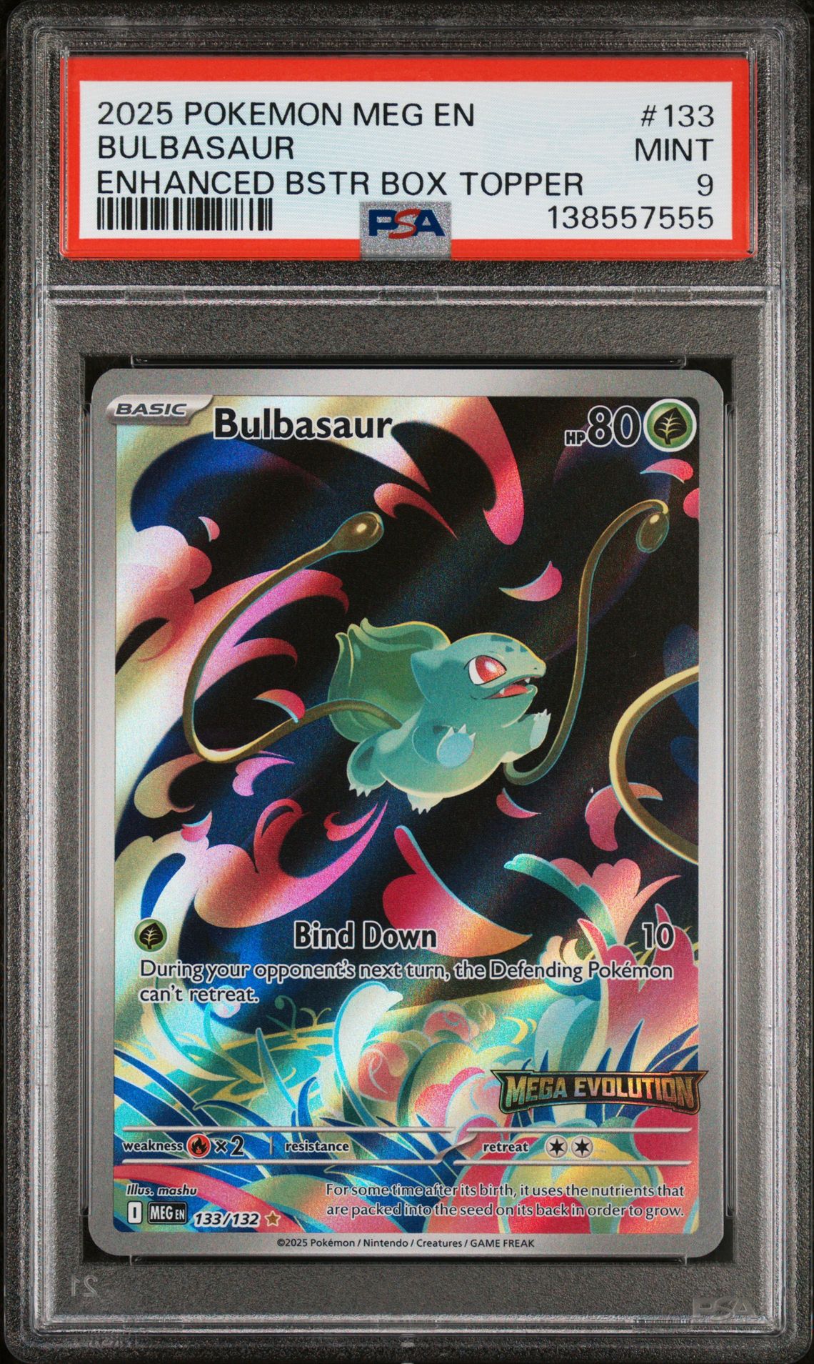 2025 Pokemon Meg En-Mega Evolution Bulbasaur #133 (Enhanced Bstr Box Topper) Mint 9 front
