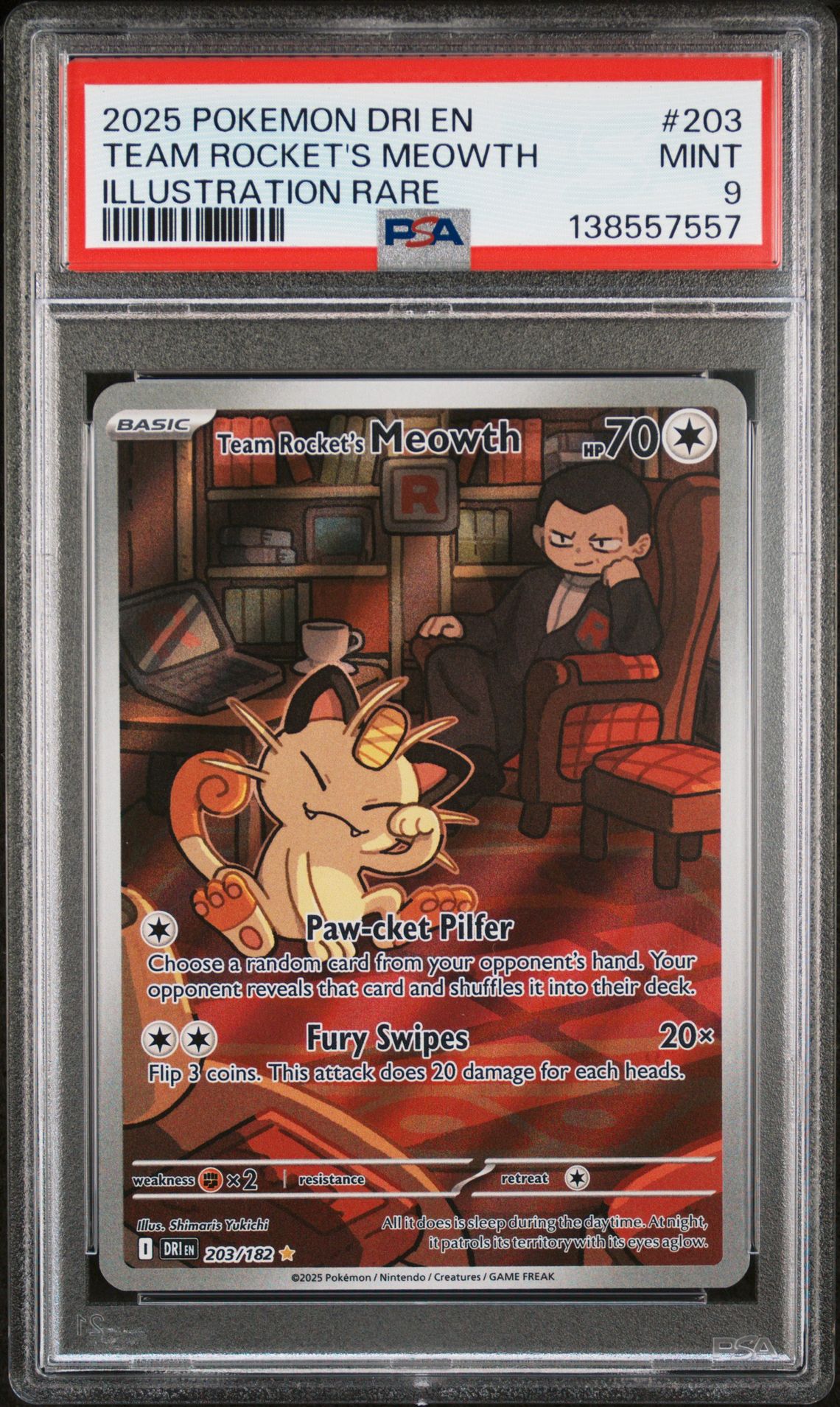 2025 Pokemon Dri En-Destined Rivals Team Rocket's Meowth #203 (Illustration Rare) Mint 9 front