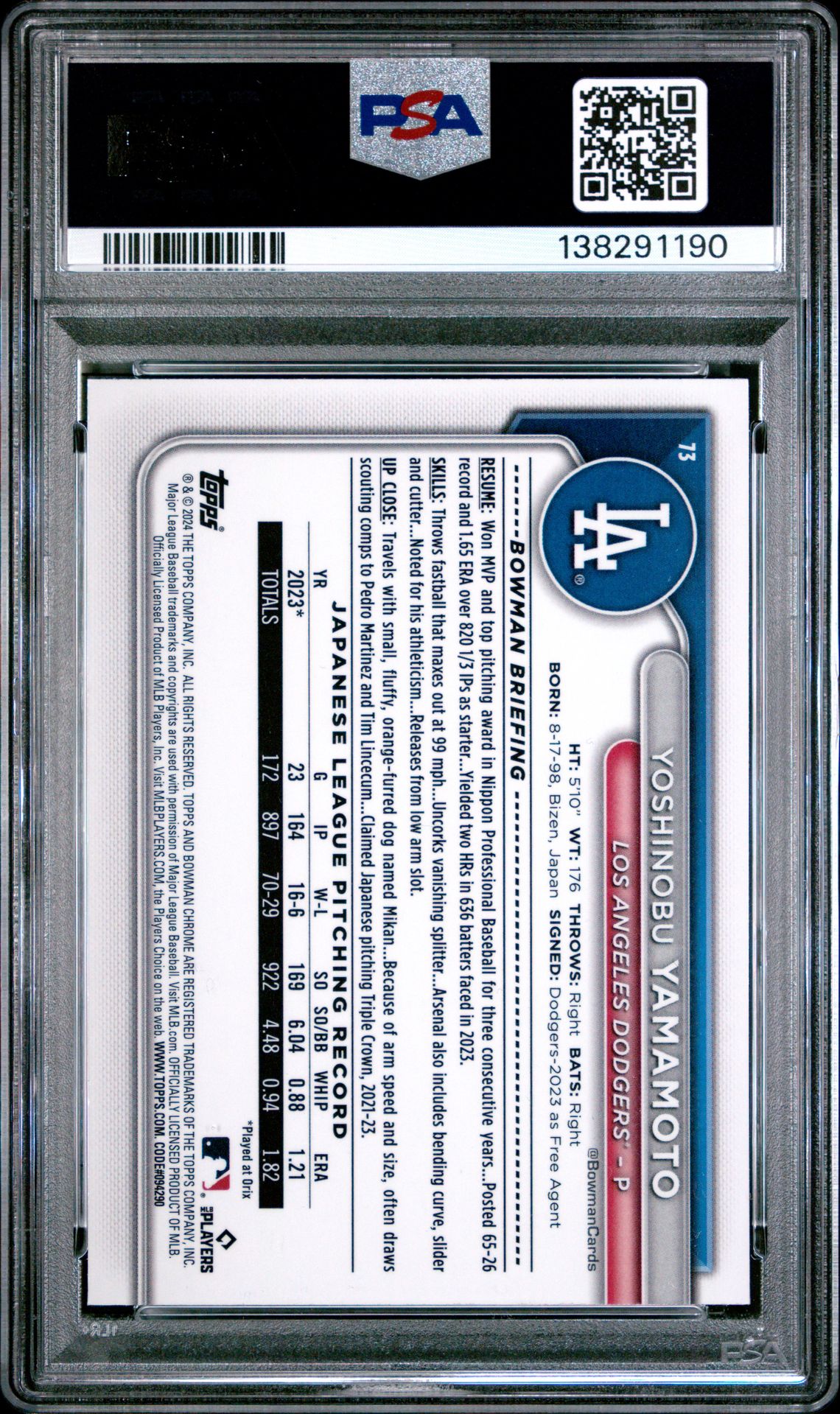 2024 Bowman Chrome Mega Box Yoshinobu Yamamoto #73 Gem Mt 10 back