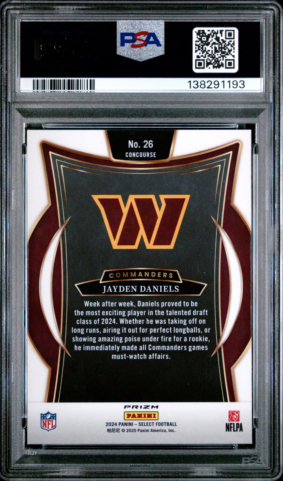 2024 Panini Select Jayden Daniels #26 (Silver Prizm) Mint 9 back