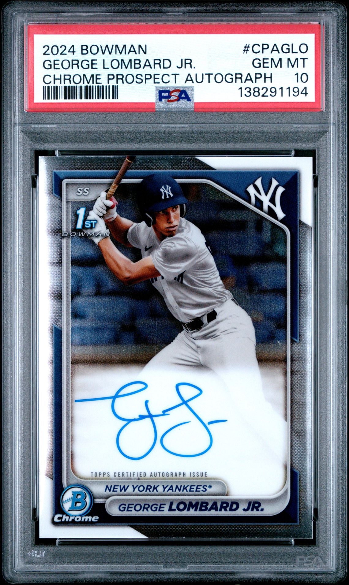 2024 Bowman Chrome Prospect Autographs George Lombard Jr. #Cpaglo Gem Mt 10 front