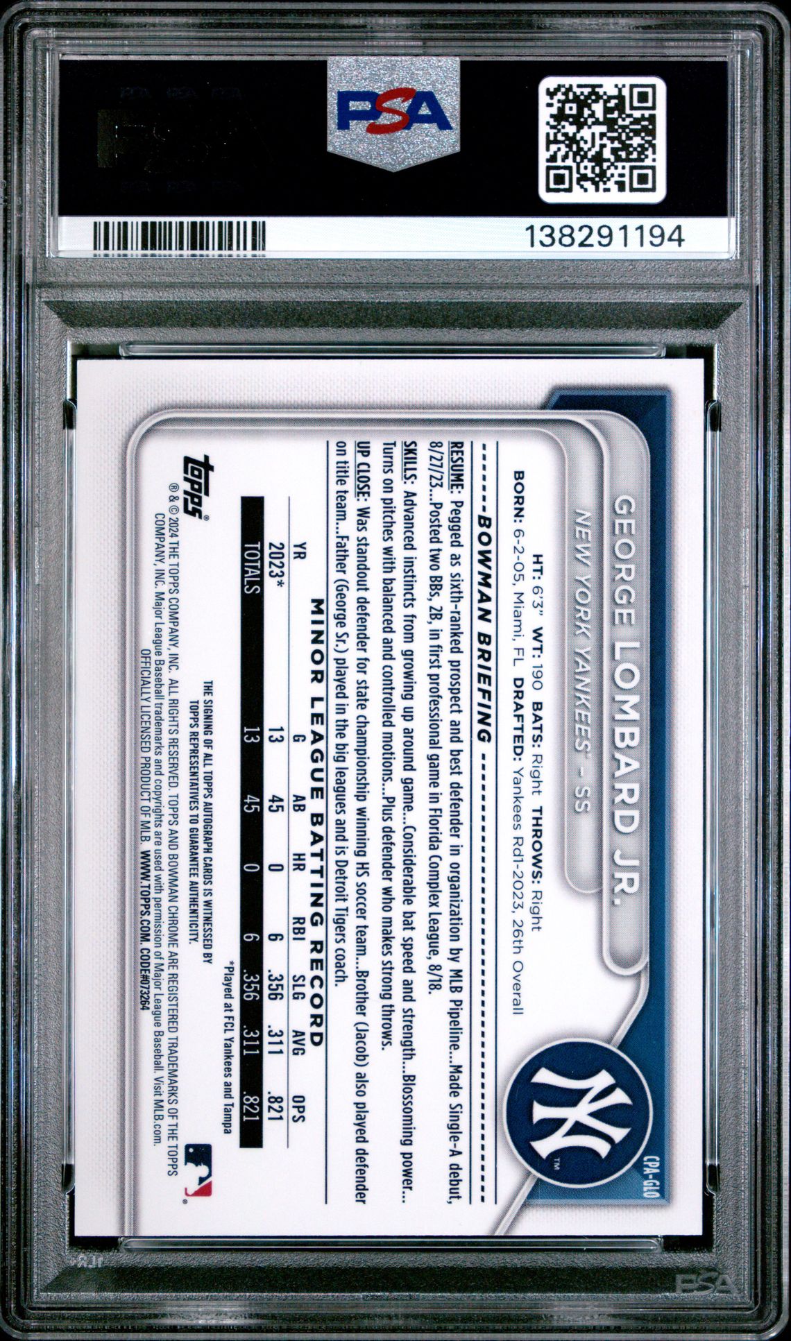 2024 Bowman Chrome Prospect Autographs George Lombard Jr. #Cpaglo Gem Mt 10 back