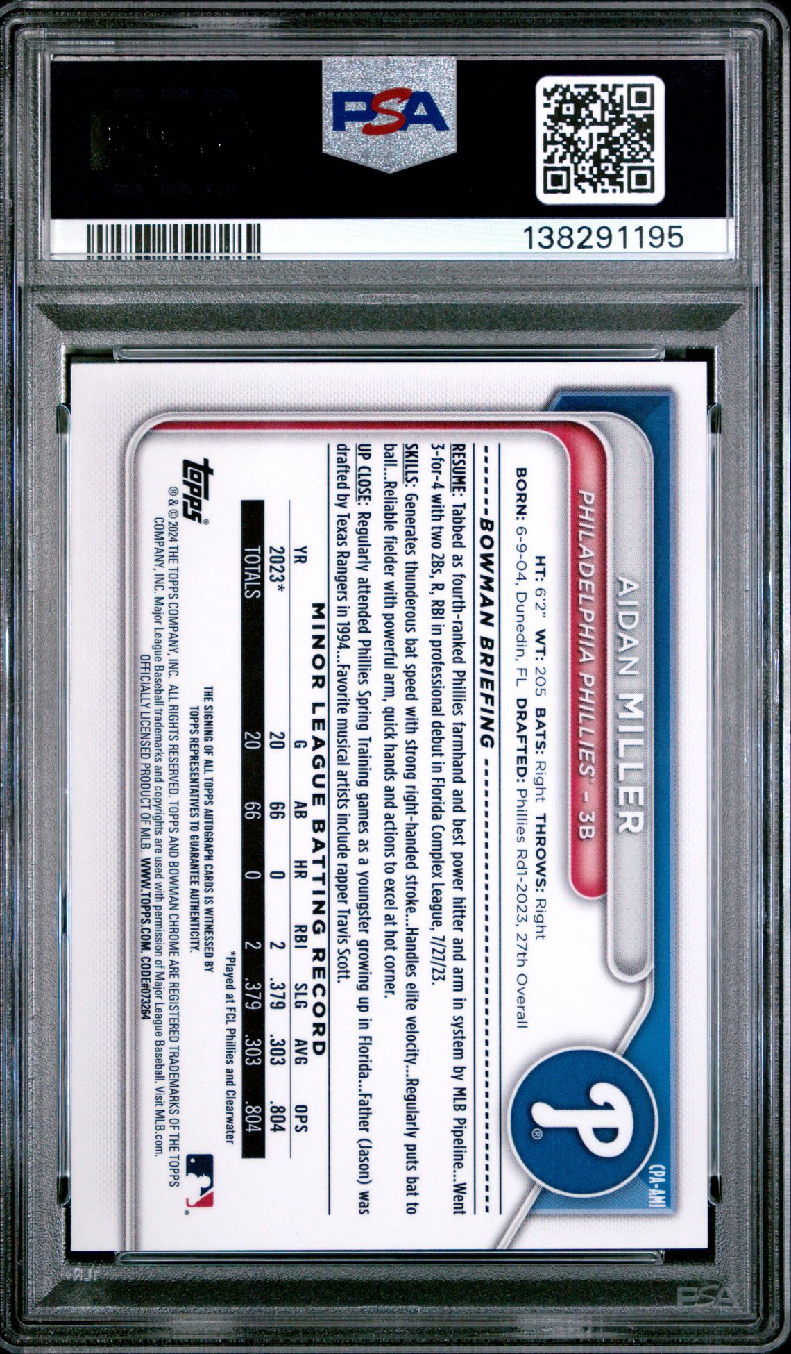 2024 Bowman Chrome Prospect Autographs Aidan Miller #Cpaami Mint 9 back