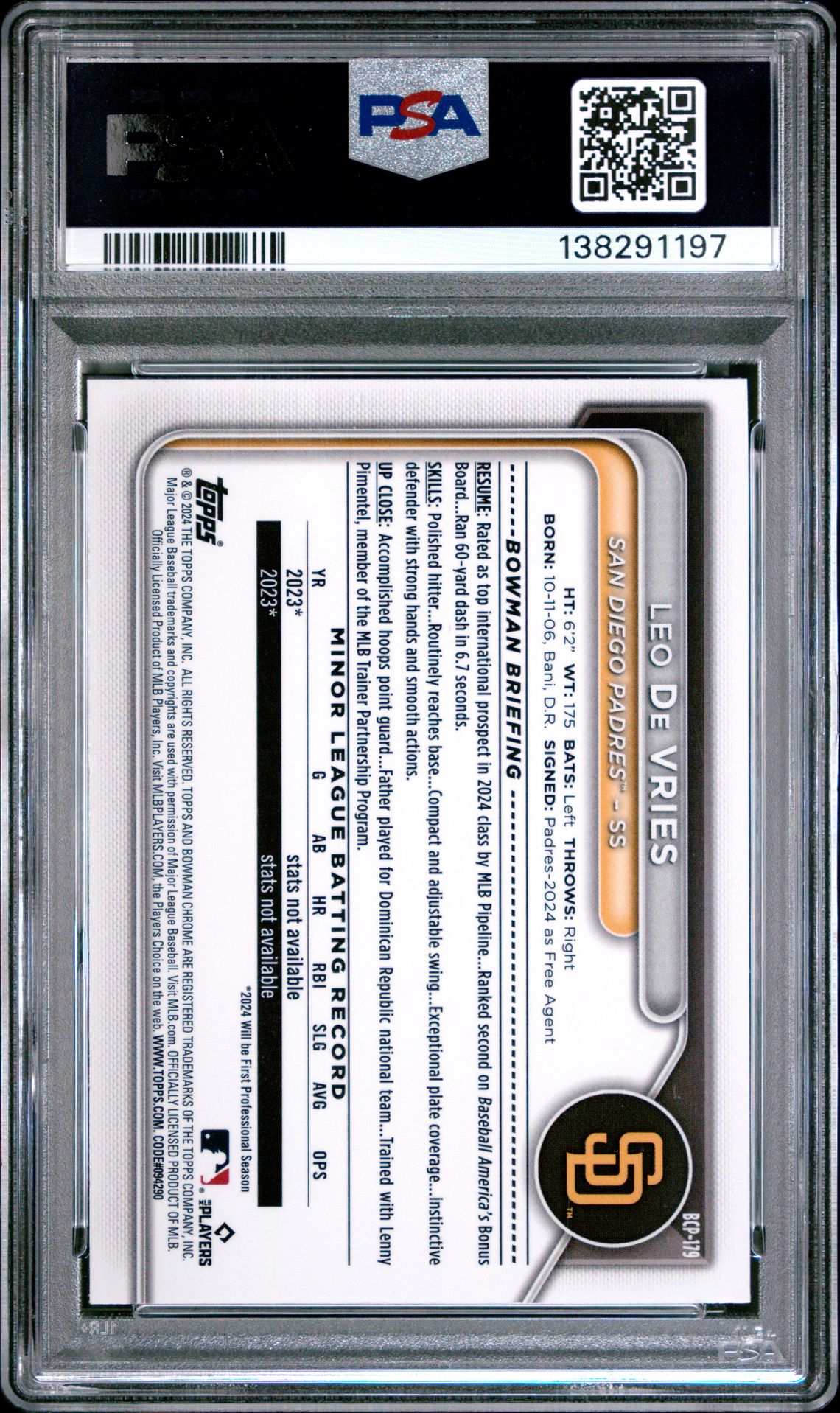 2024 Bowman Mega Box Chrome Prospects Leo De Vries #179 (Prospects) Mint 9 back