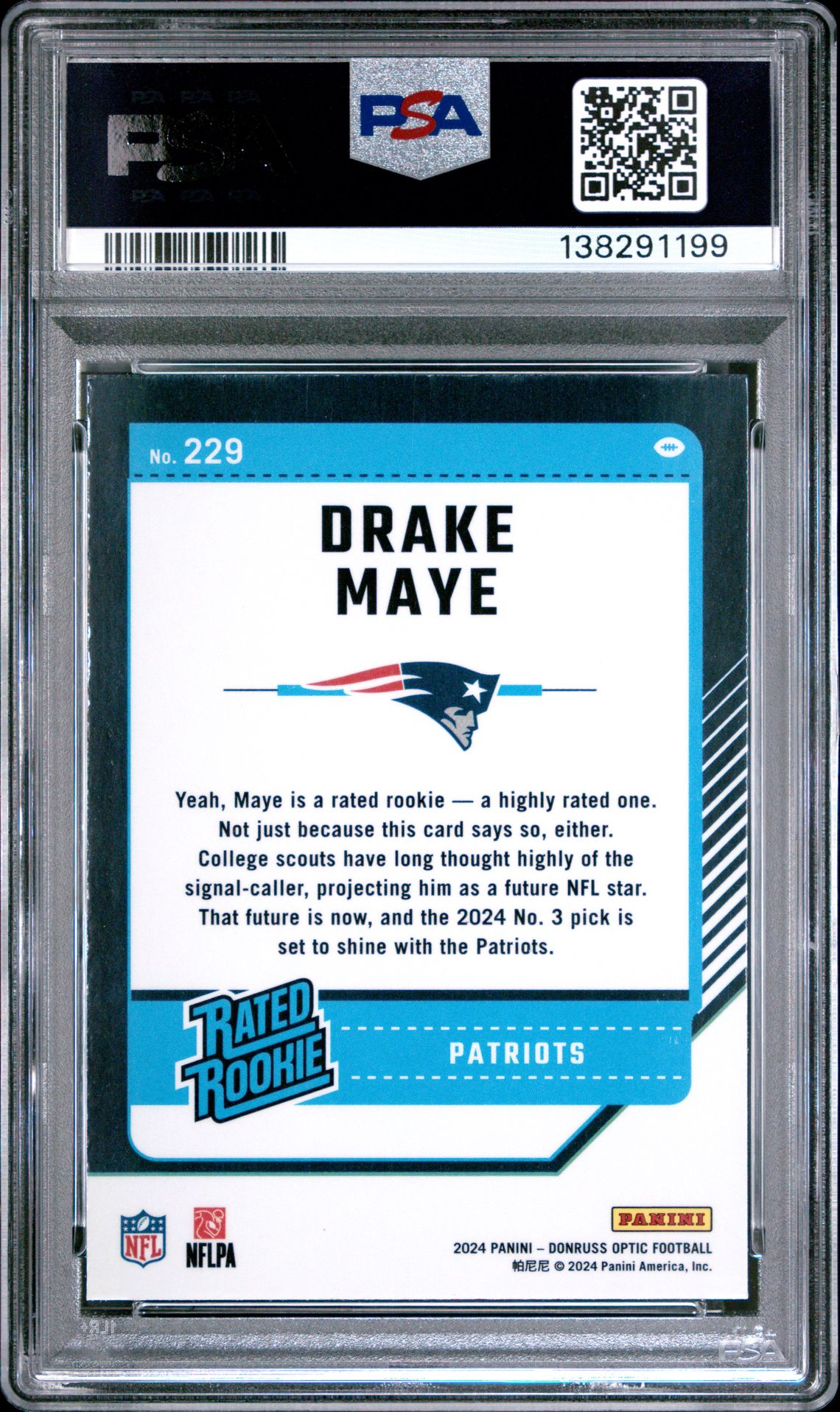 2024 Panini Donruss Optic Drake Maye #229 Gem Mt 10 back