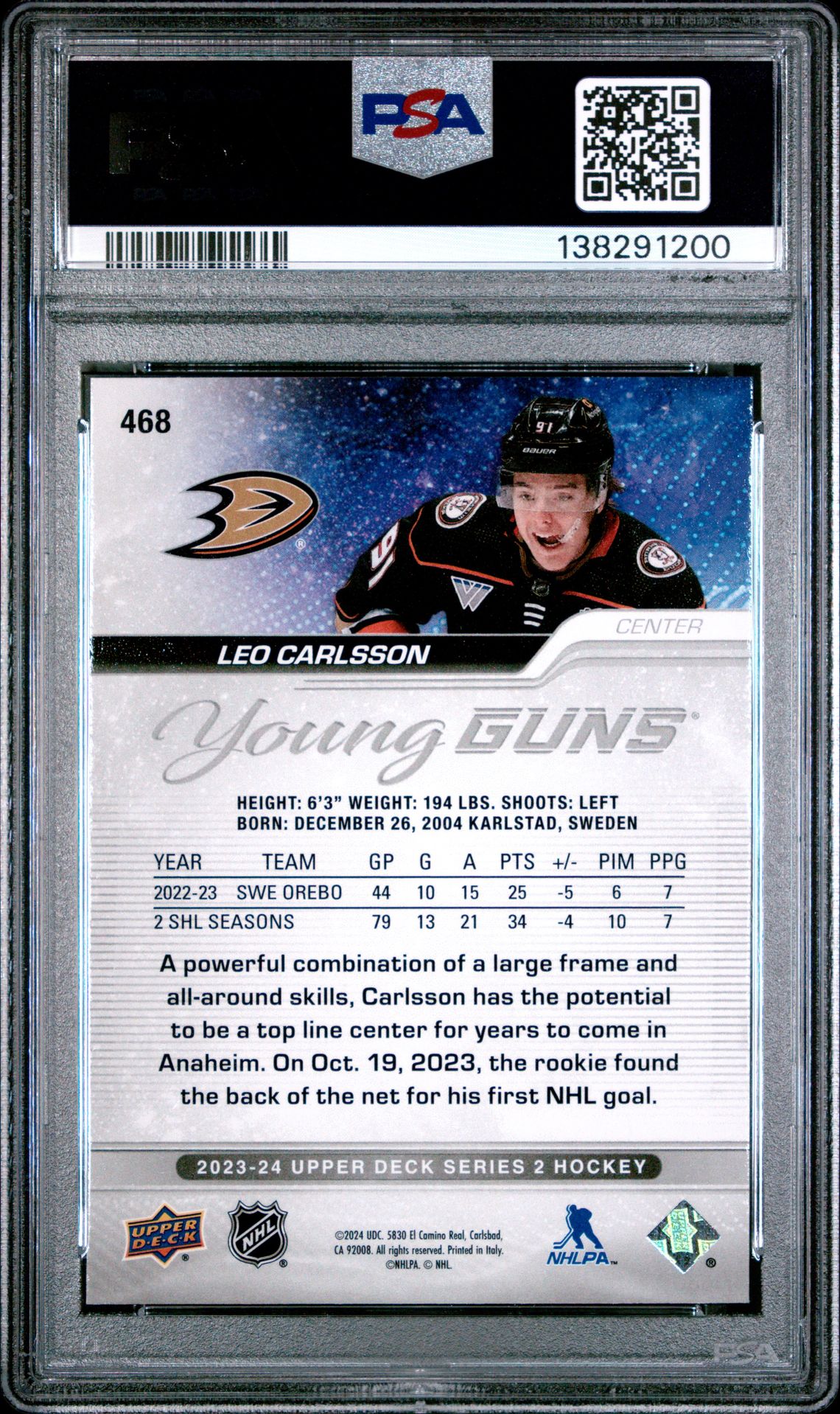 2023 Upper Deck Leo Carlsson #468 Gem Mt 10 back