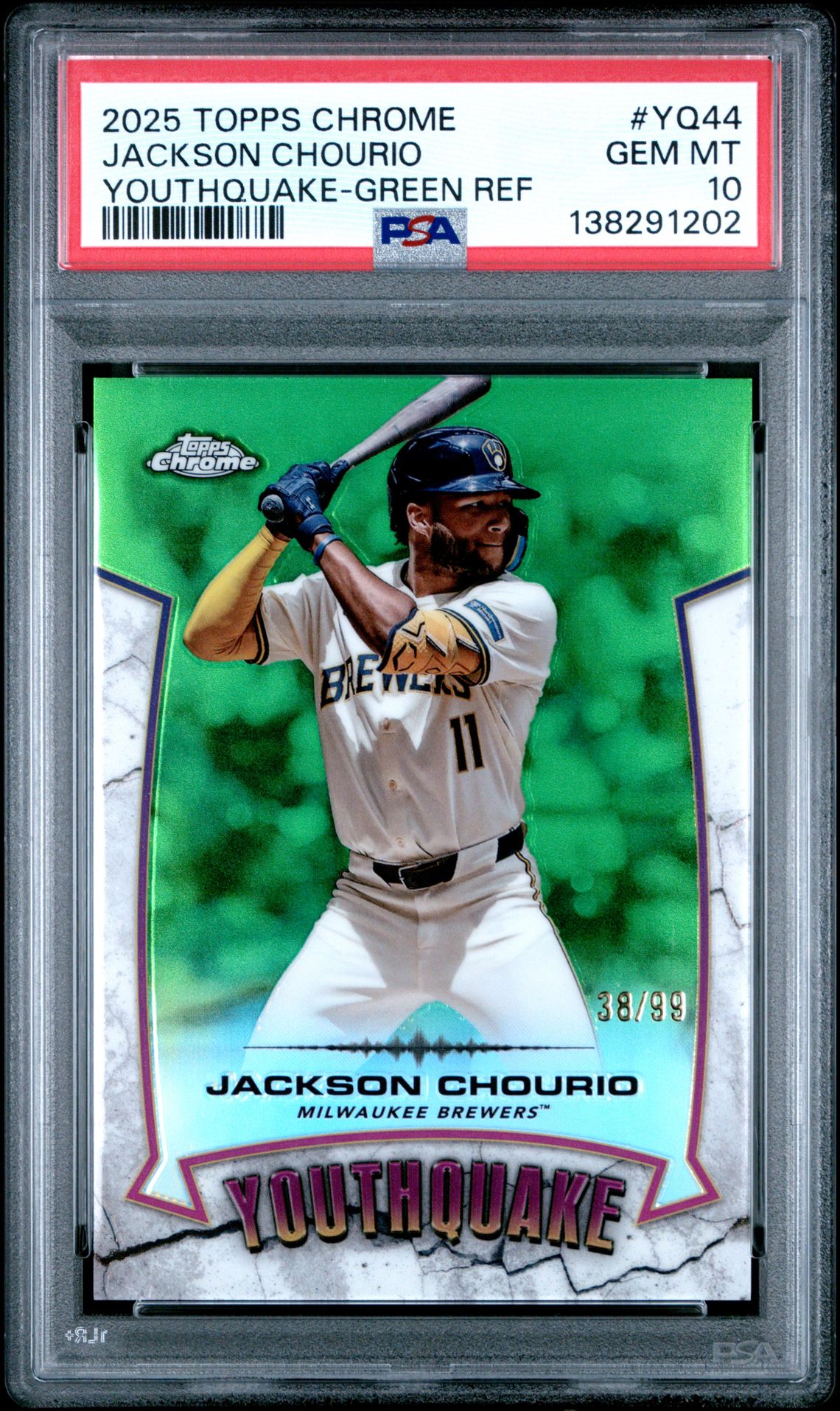 2025 Topps Chrome Youthquake Jackson Chourio #Yq44 (Youthquake-Green Ref) Gem Mt 10 front