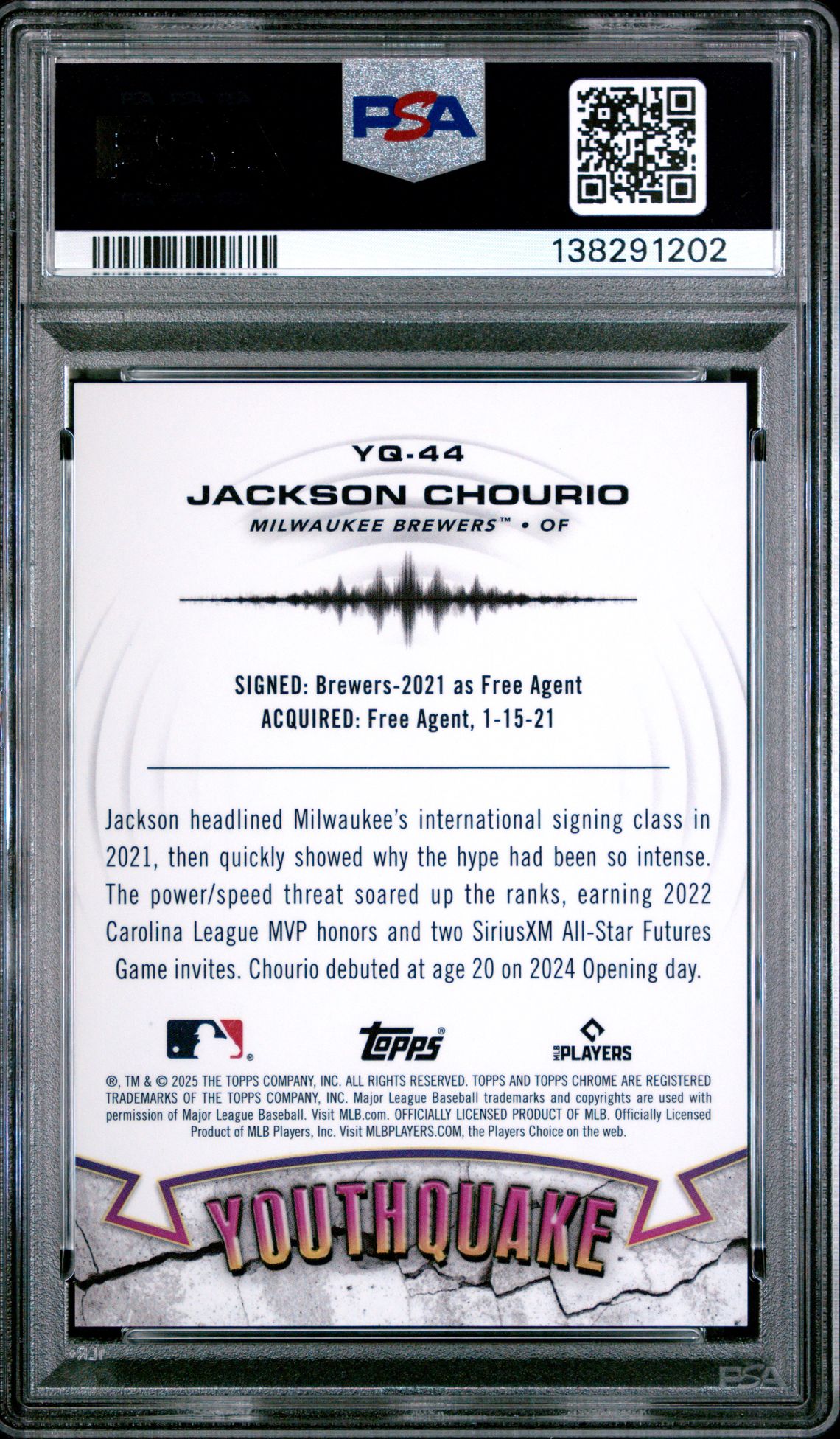 2025 Topps Chrome Youthquake Jackson Chourio #Yq44 (Youthquake-Green Ref) Gem Mt 10 back