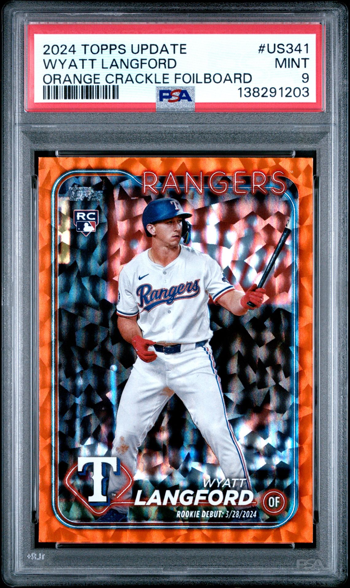 2024 Topps Update Wyatt Langford #Us341 (Orange Crackle Foilboard) Mint 9 front