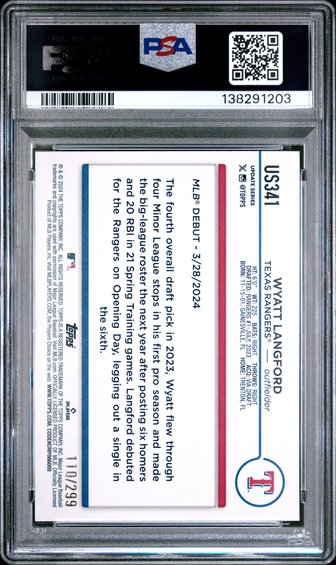 2024 Topps Update Wyatt Langford #Us341 (Orange Crackle Foilboard) Mint 9 back