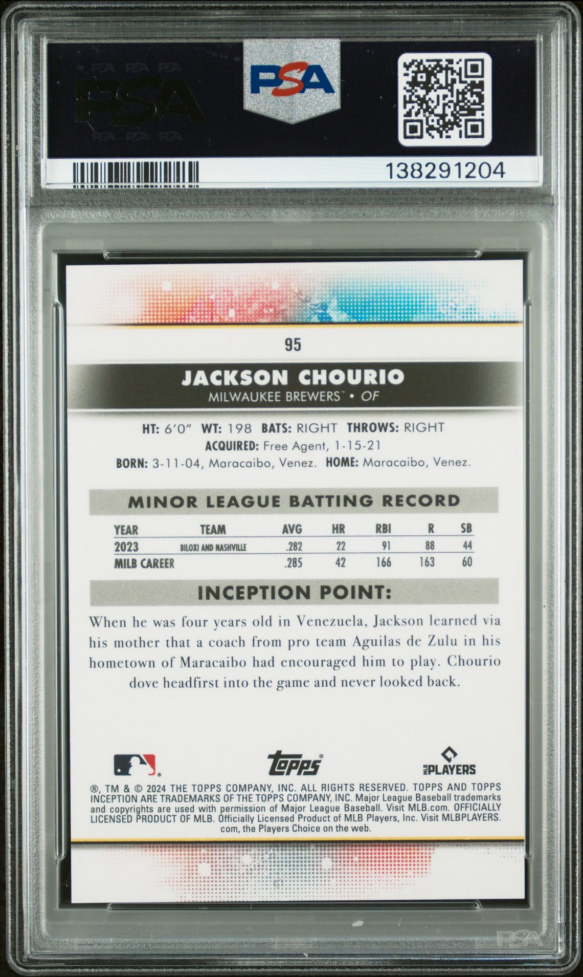 2024 Topps Inception Jackson Chourio #95 (Green) Gem Mt 10 back