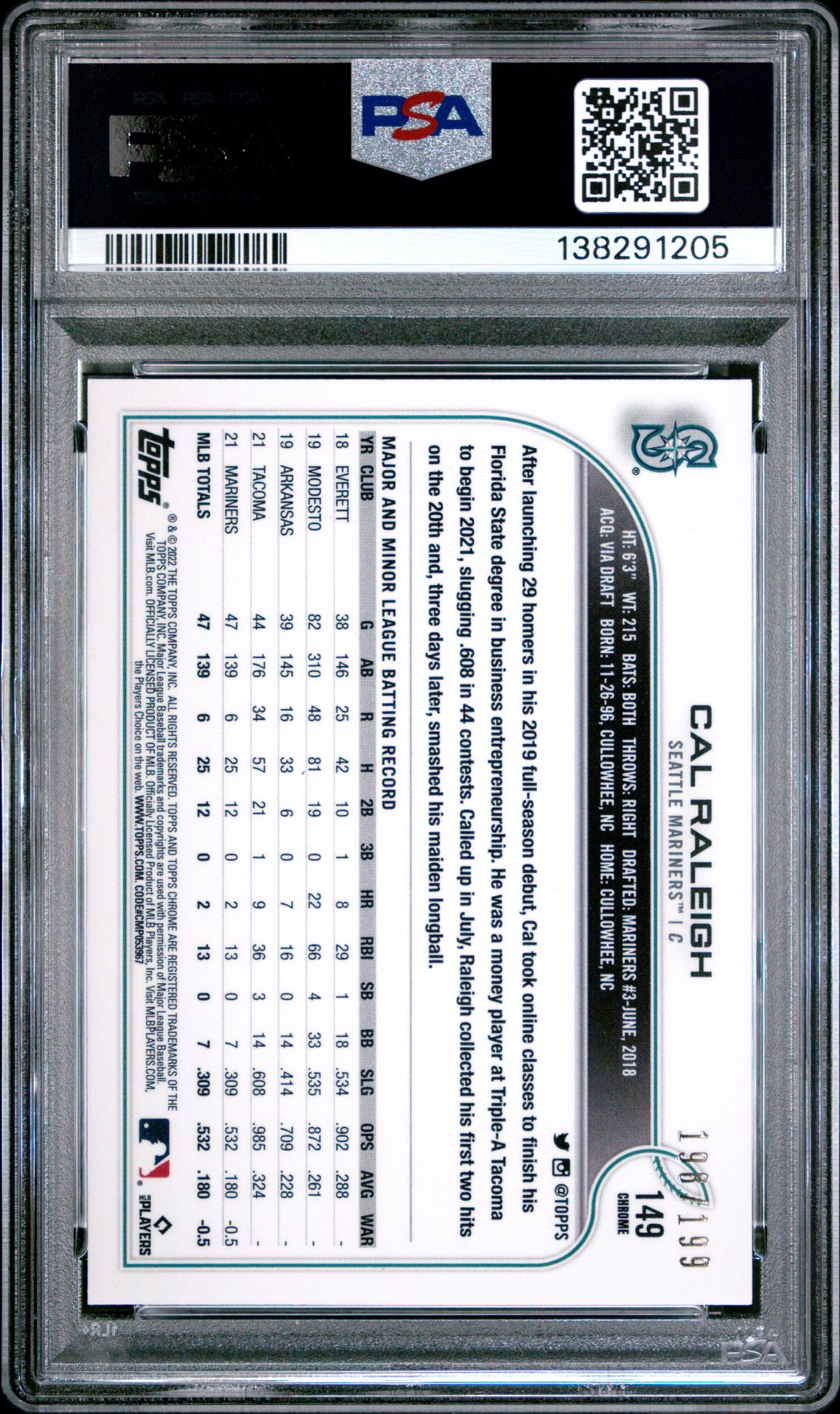 2022 Topps Chrome Cal Raleigh #149 (Aqua Wave Refractor) Mint 9 back