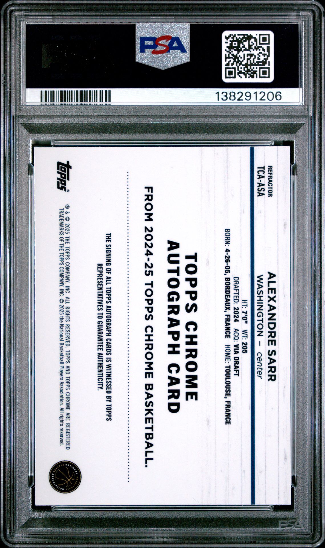 2024 Topps Chrome Topps Chrome Autographs Alexandre Sarr #Tcaasa (Autograph-Refractor) Gem Mt 10 back